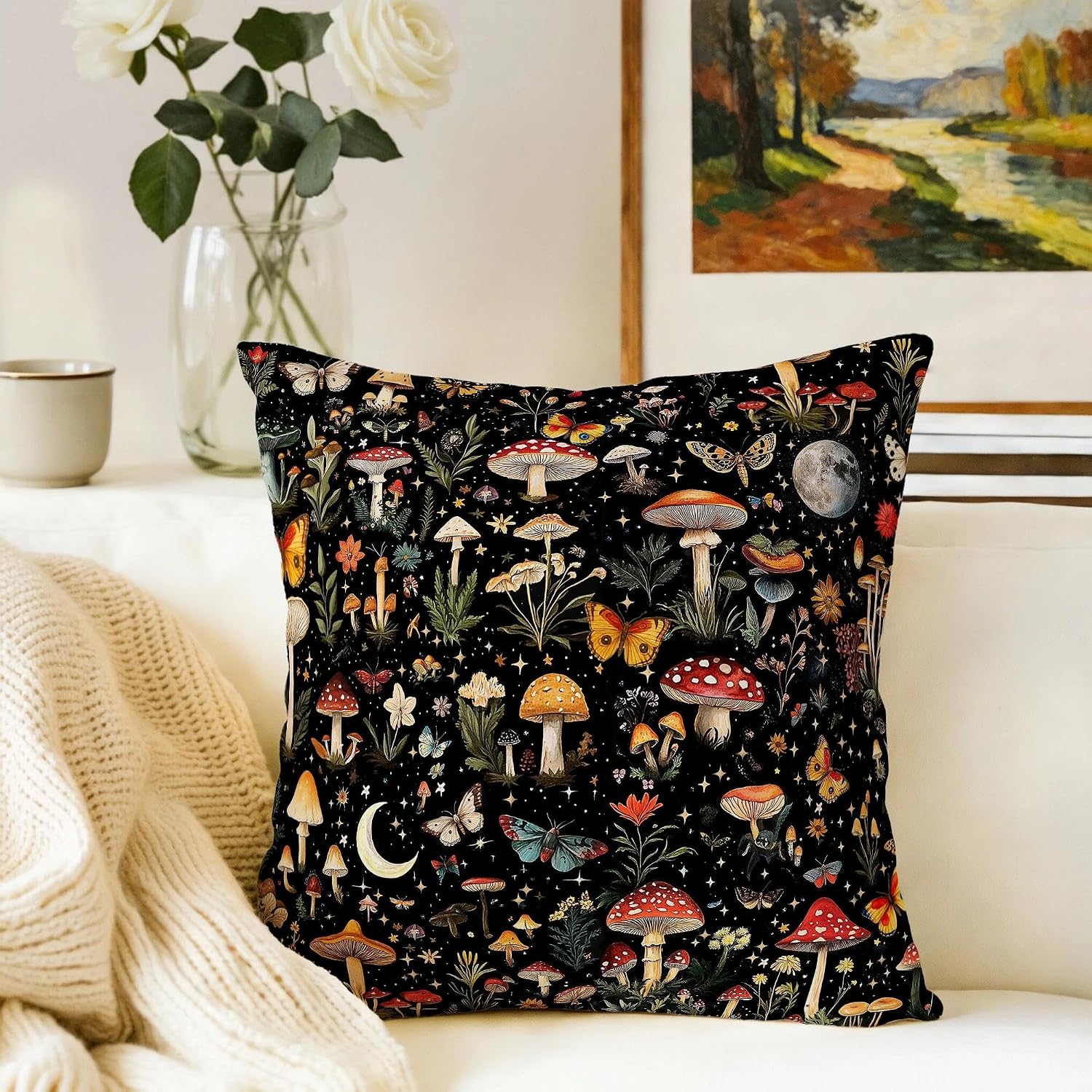 2 Pack Boho Mushroom Throw Pillows Covers 18x18 Inch, Black Witchy Pillow Cases for Couch Living Room Sofa Bedroom, Cute Mushroom Gifts for Witchy Lovers, Rustic Pillowcase Cushion Covers, Home Decor image 4
