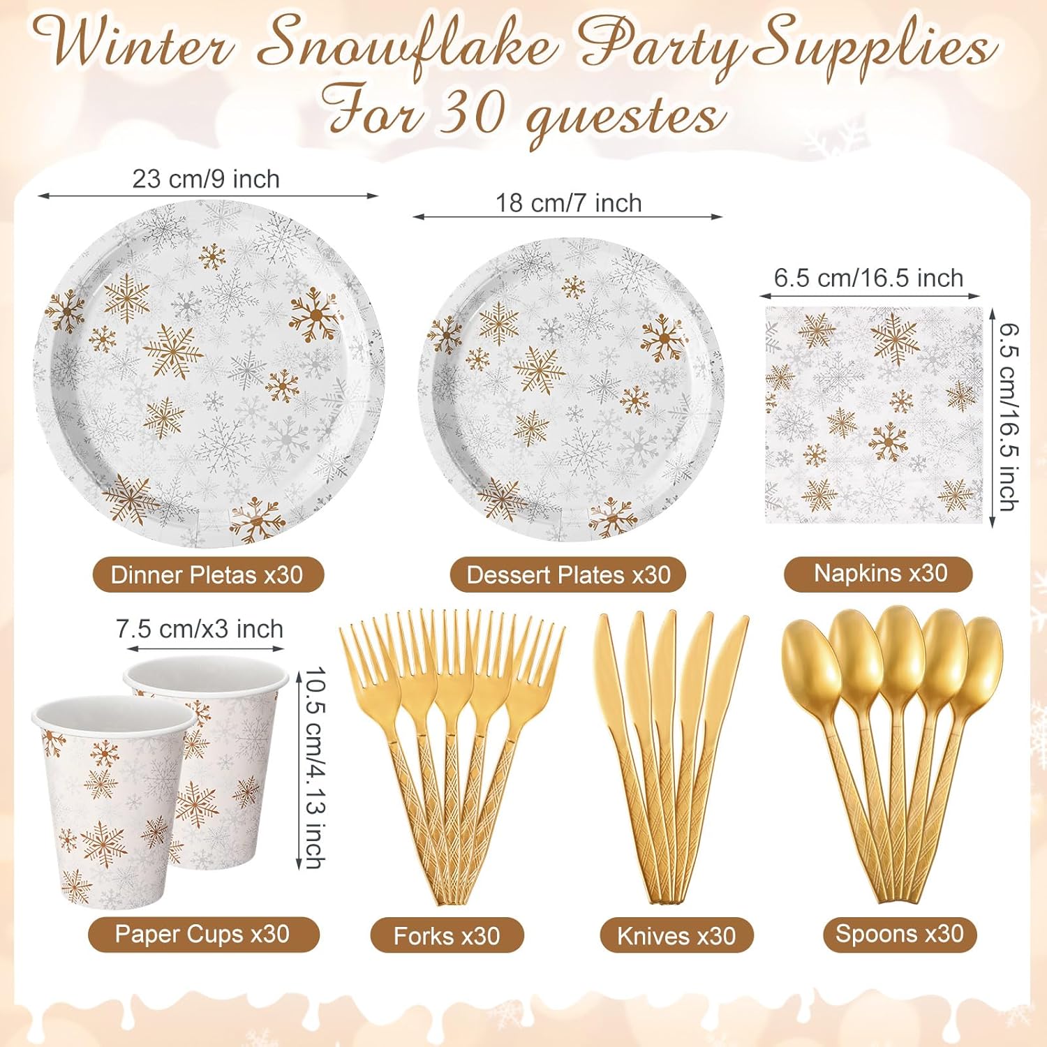 210 Pcs Winter Snowflake Tableware Set Winter Wonderland Party Supplies Disposable Snowflake Paper Plates Napkin Cup Plastic Knife Fork Spoon Party Dinnerwares (Gold)