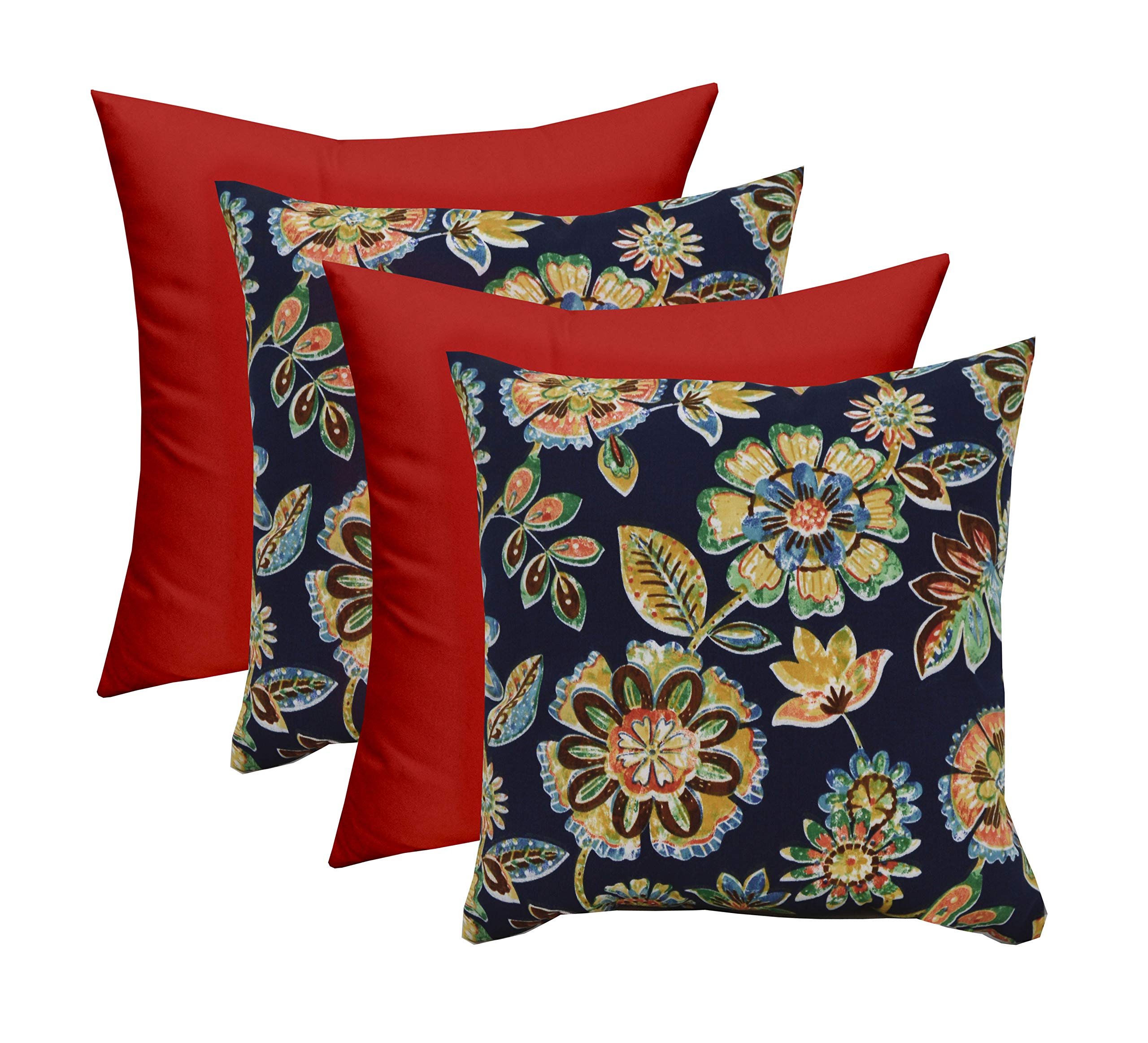 RSH DECOR Set of 4 - Indoor/Outdoor Square Decorative Throw/Toss Pillows - Daelyn Navy Floral & Red- Choose Size (20