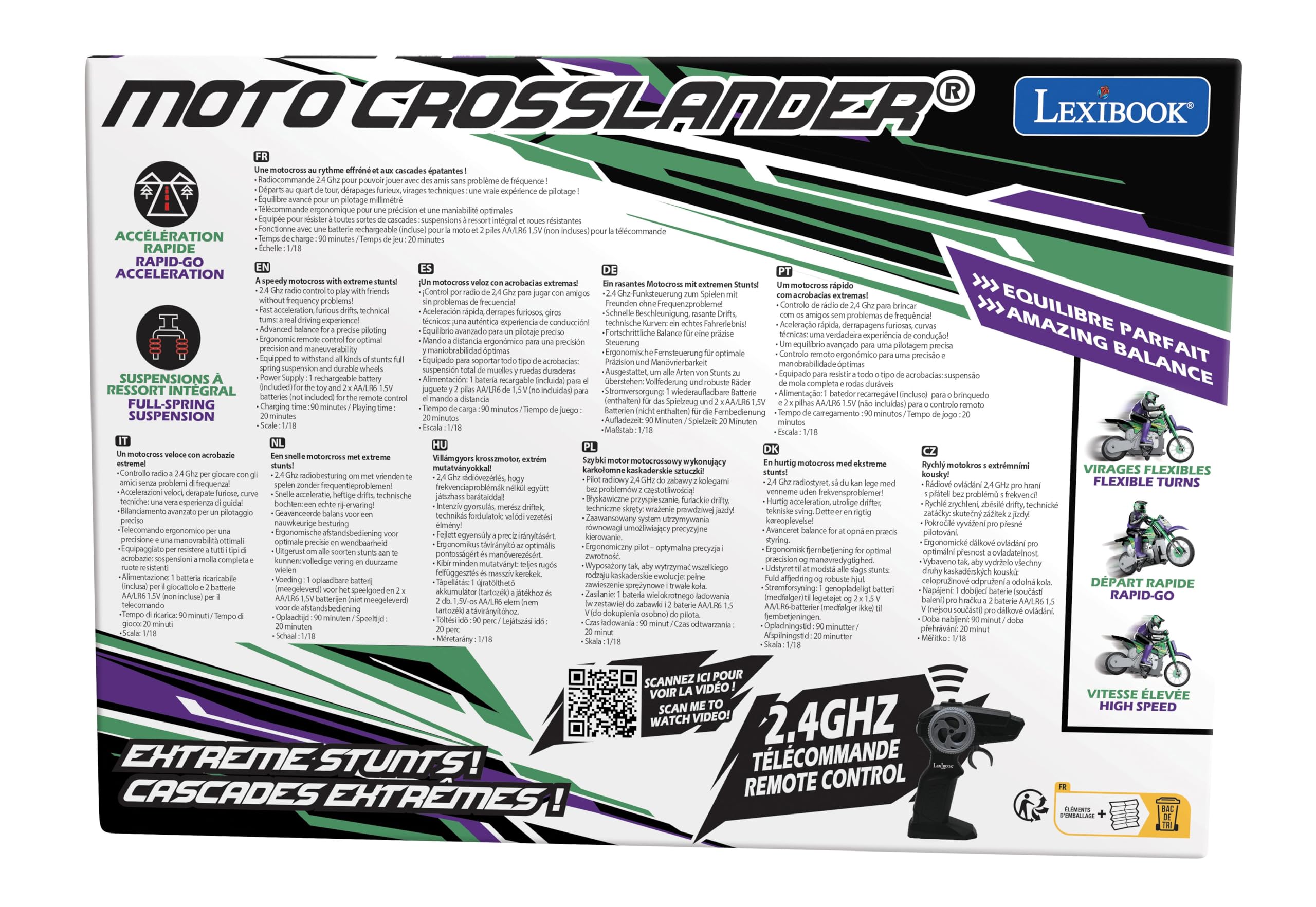 Lexibook, Moto Todoterreno radiocontrolada Crosslander®, hasta 12km/h, Equilibrio, Efectos de luz, derrapes Locos, aceleración rápida, Mando a Distancia ergonómico, Recargable, RC18LXB