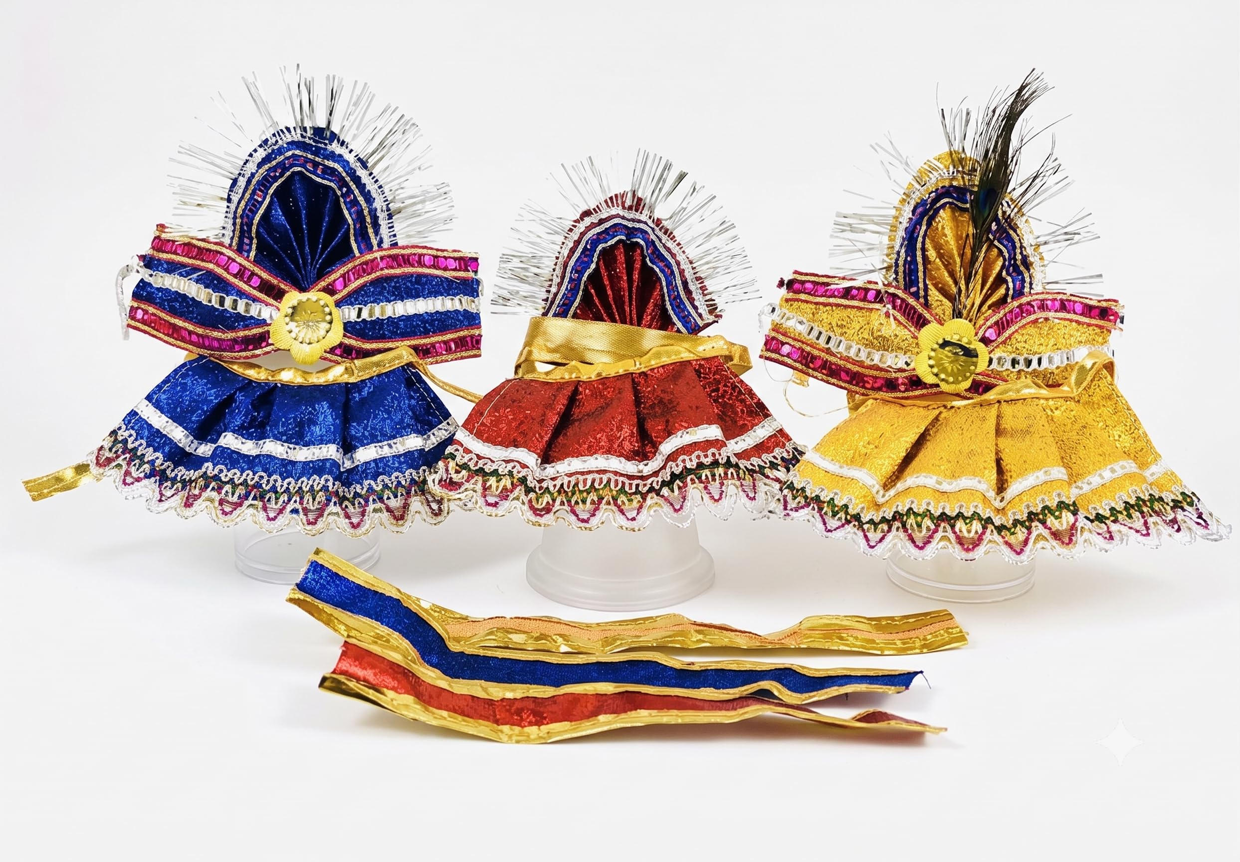 Jagannath Balabhadra Subhadra Poshak Shringar Set for 4 Inch Idols | Handmade Zari Fabric, Mukut with Tinsel Halo, Set of 3 Costumes, Peacock Feather Detail, Gota Patti Borders-picture-29