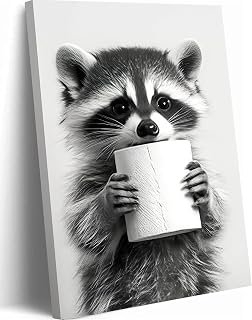 Funny Black White Animal Bathroom Canvas Wall Art Cute Raccoon Toilet Paper Painting Picture Wall Decor Humorous Animal Poster Print Artwork for Bathrooms Toilets Laundry Rooms Home Decoration