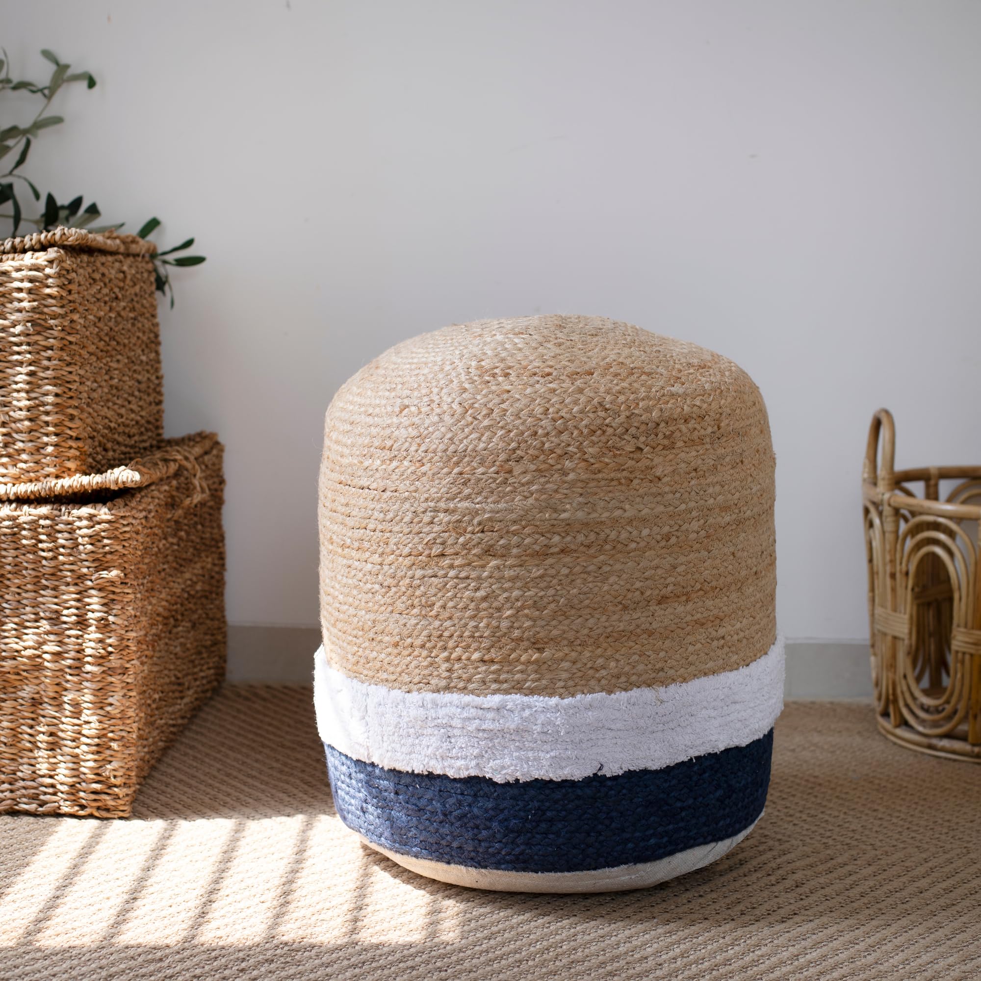 Indoor Nautical Striped Jute Ottoman Pouf | 18" D x 18" W x 18" H, Natural/Navy
