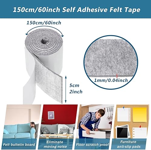 Miniatura 2 de Paquete de 2 almohadillas de fieltro para muebles, rollo de tira de fieltro resistente con respaldo adhesivo, cinta adhesiva de fieltro para