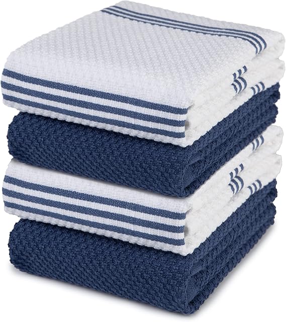 Sticky Toffee 100% Cotton Terry Tea Towel - Pack of 4, Blue Plain & Stripe Pattern | Kitchen Hand Cloth Set | Absorbent, Strong, Quick Dry & Machine Washable | Home & Kitchen Accessories
