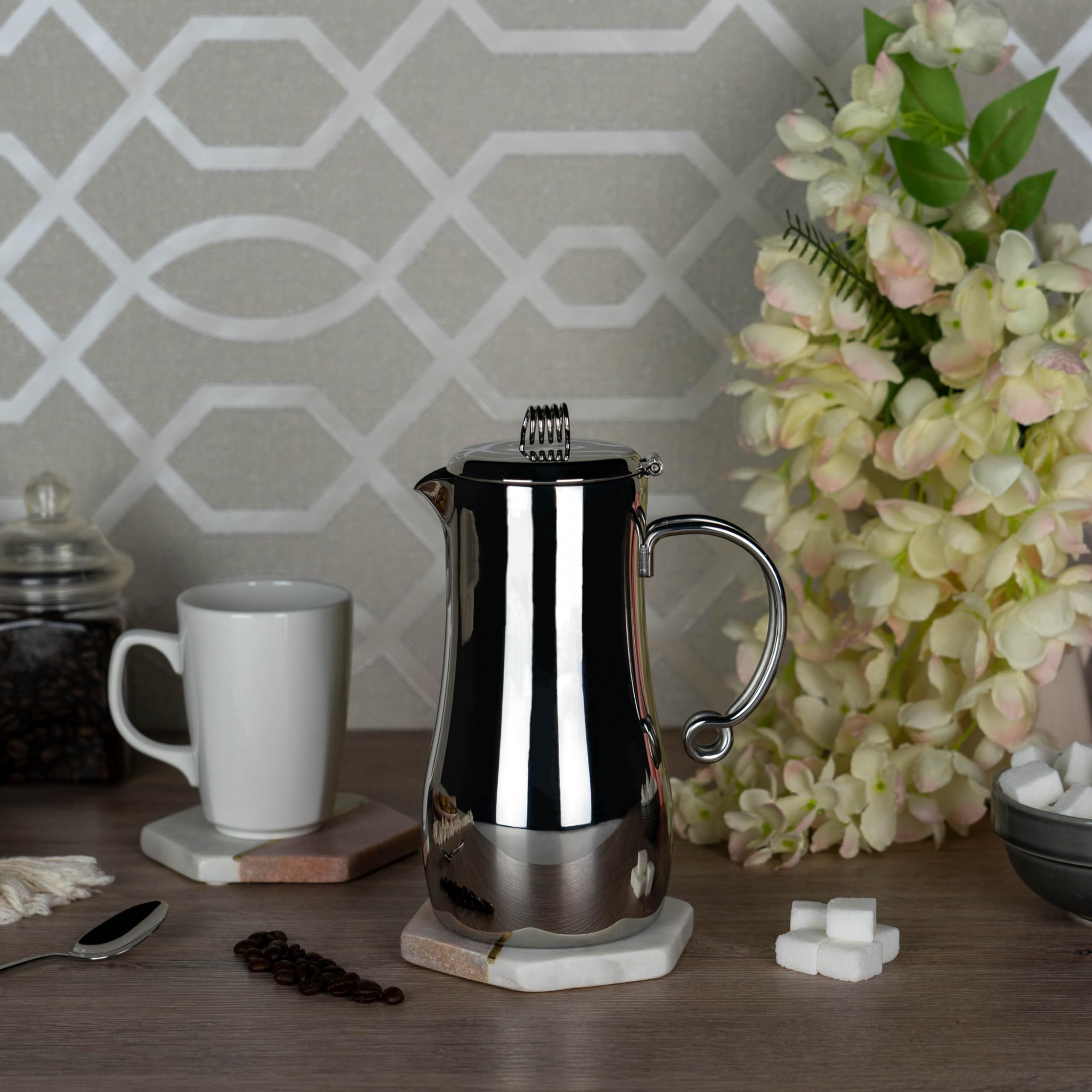 Café Stal Elements Stylish 18/10 Stainless Steel Coffee Pot with Cool Touch Wire Handles, Mirror Polished, 28oz - Image 2