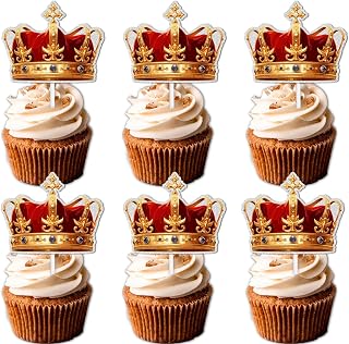 18pcs Gold Glitter Cupcake Topper for Crown King Men Theme Decor Supplies Male Daddy Father's Day Family Party Decorations