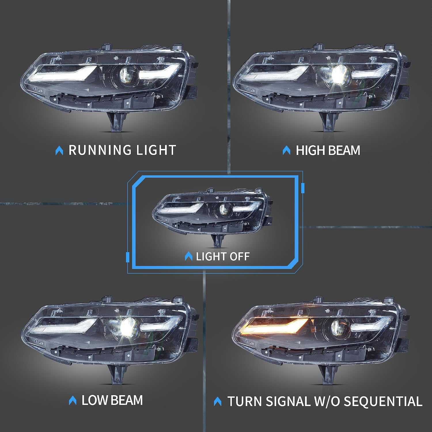 VLAND Dual Beam Projector Headlights Compatible with 6th Gen Camaro 2019-2024 Coupe/Convertible(Not Fit 1SS/2SS), Front Lamps w/Diamond White DRL w/Amber Turn Signals, No Need Bulbs Sold as Pair