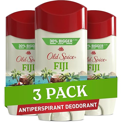 Old Spice Men's Antiperspirant & Deodorant, 24/7 Lasting Freshness, Advanced Sweat & Odor Protection with Skin Conditioners, Invisible Solid, Fiji with Palm Tree Scent, 3.4 oz (Pack of 3)