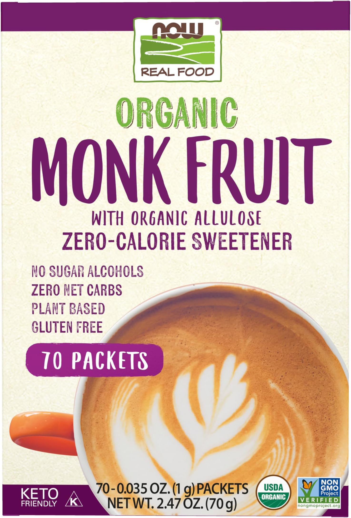 NOW Foods, Organic Monk Fruit, Zero-Calorie Sweetener, Gluten-Free and Non-GMO, 70 Packets