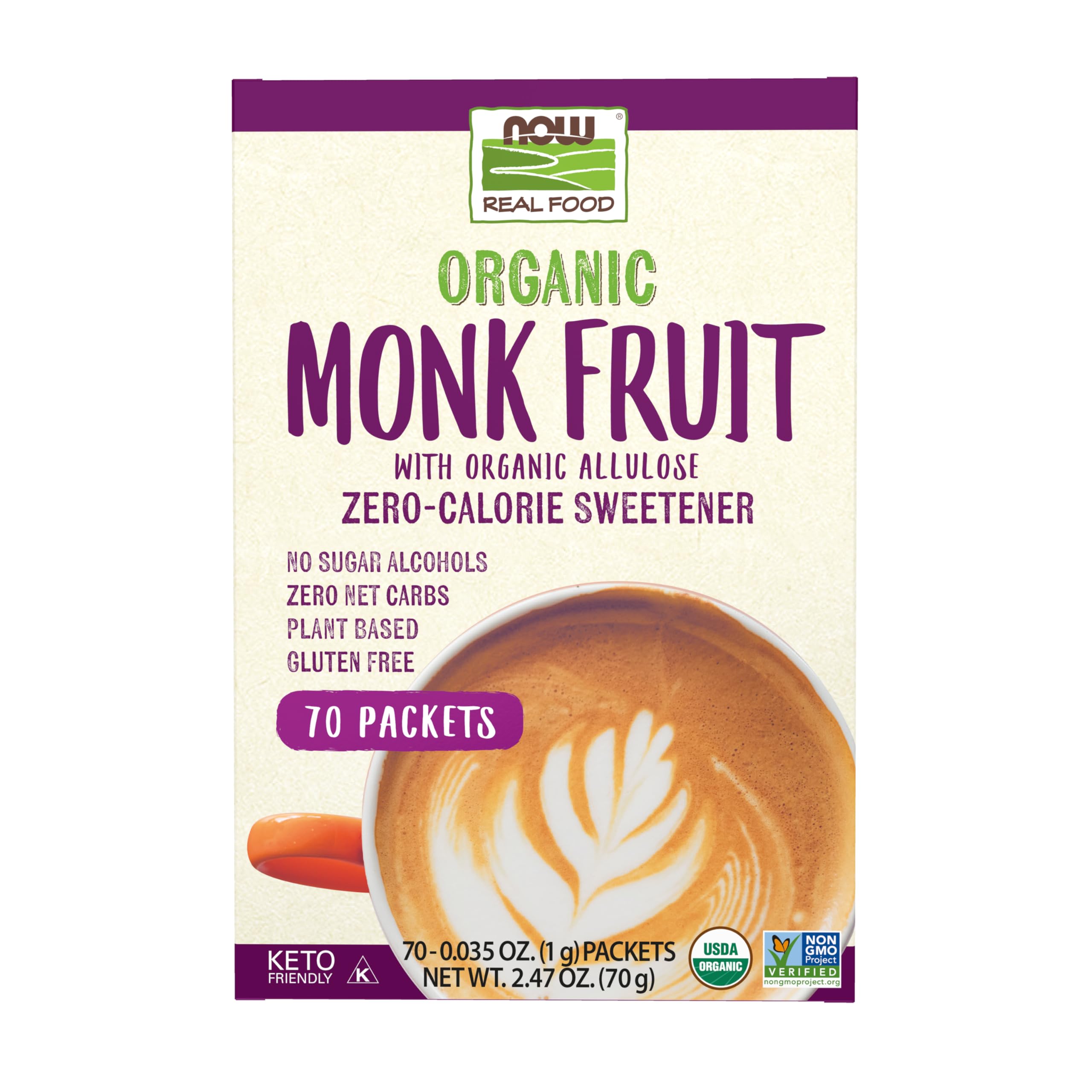 NOW Foods, Organic Monk Fruit, Zero-Calorie Sweetener, Gluten-Free and Non-GMO, 70 Packets