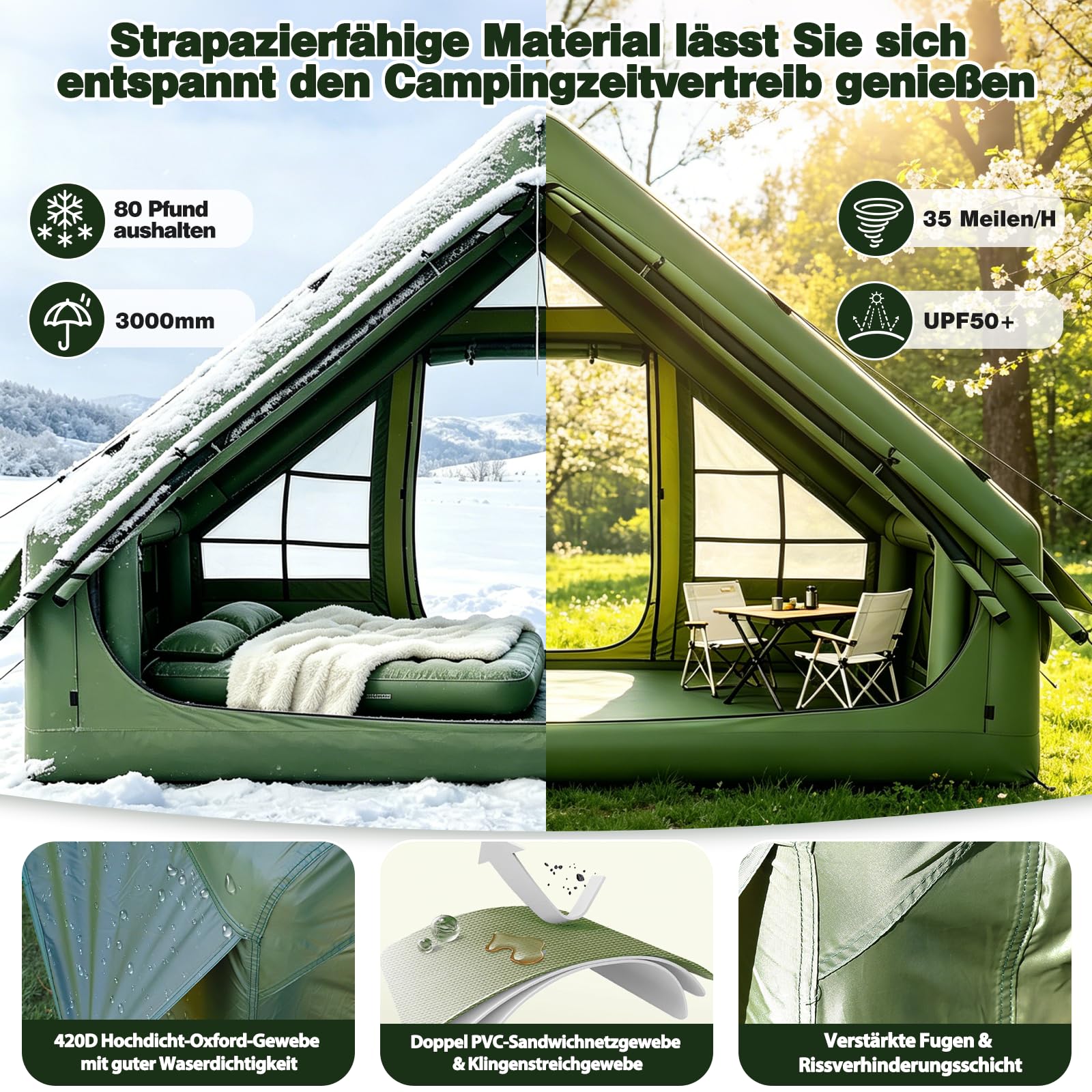 Tenda gonfiabile da campeggio con pompa, 420D Oxford Glamping, tenda gonfiabile per campeggio, impermeabile fino a 3000 mm, 4 stagioni, antivento, con finestra in rete e porte per 2-10 persone