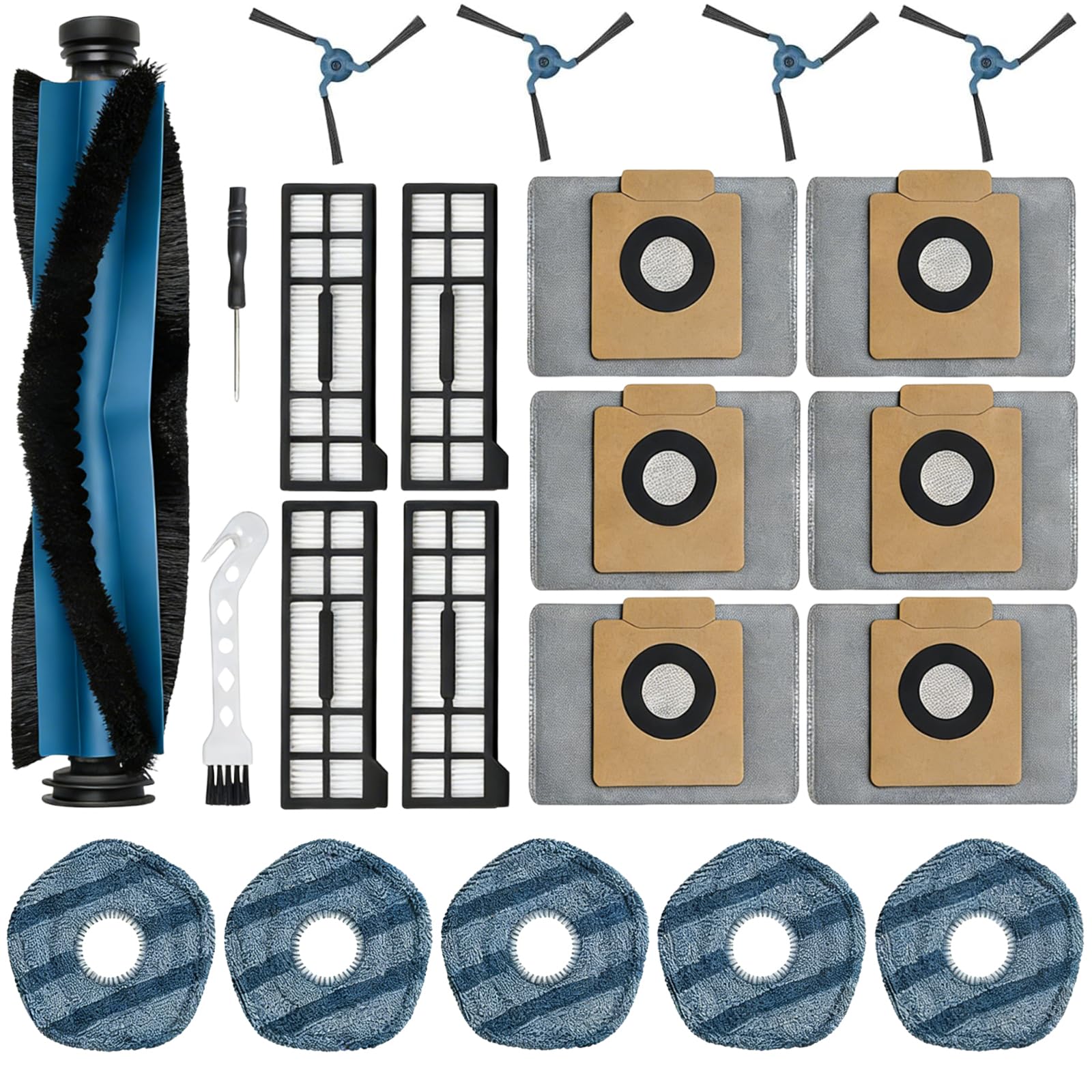 22Pcs X10 Pro Omni Replacement Accessory Kit for Eufy X10 Pro Omni Robot Vacuum Accessories, 1 Main Roller Brush, 6 Dust Bags, 5 Mop Pads, 4 Side Brushes, 4 HEPA Filters, 1 Screwdriver & 1 Clean Brush