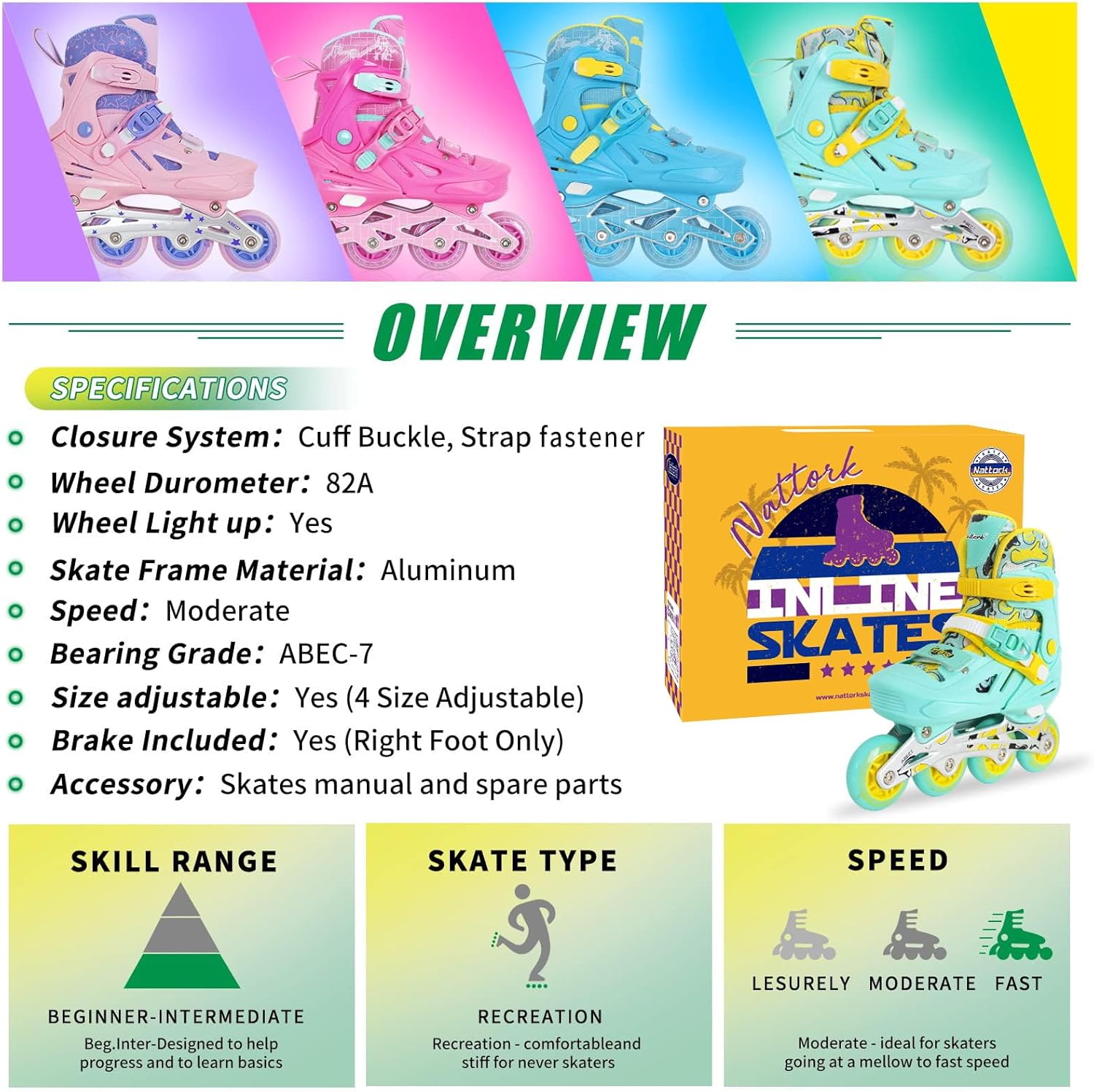 Nattork Inline Skates for Girls and Boys Kids, 4 Sizes Adjustable Inline Skates with Light up Wheels, Illuminating Beginner Roller Skates for Kids & Adult Youth