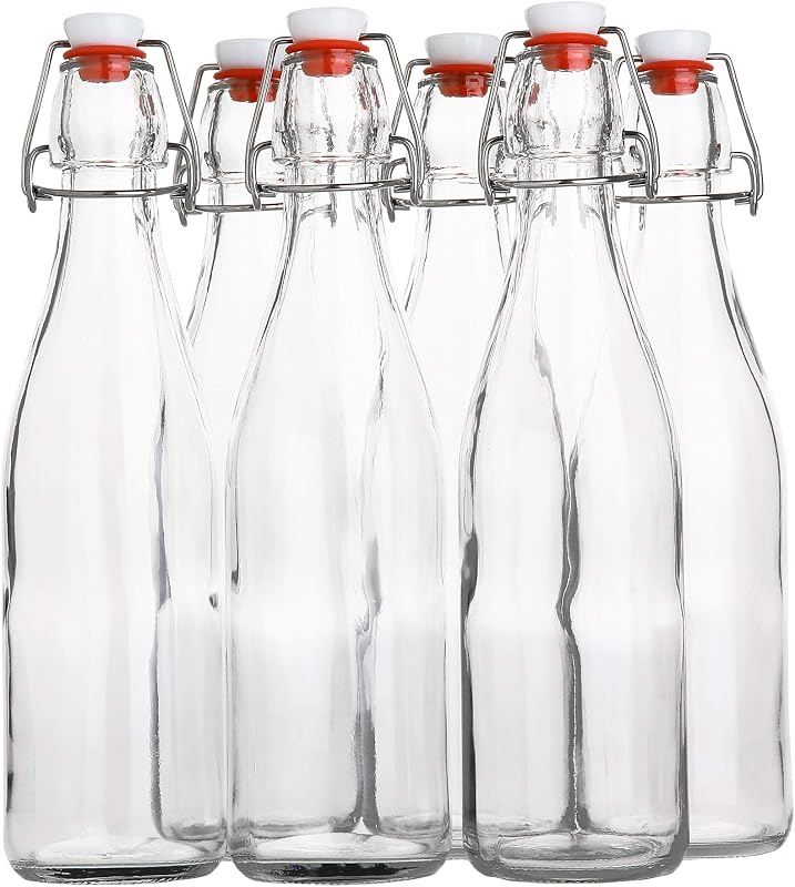 AYL Flip Top Glass Bottle [16 fl. oz./Pack of 6]– Swing Top Brewing Bottle with Stopper for Beverages, Oil, Vinegar, Kombucha, Beer, Water, Soda, Kefir – Airtight Lid & Leak Proof Cap – Clear