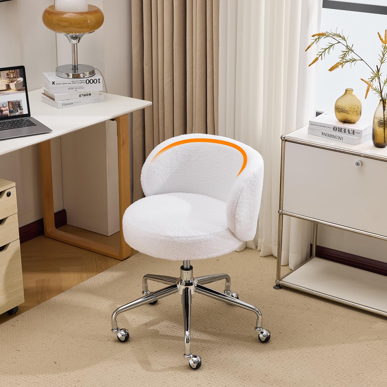 Bonnlo Cute Swivel Vanity Chair, Small Comfy Office Desk Chair with Wheels, Ergonomic Modern Dressing Table Chair with Adjustable Height for Home Office, Bedroom, Dressing Room, Teddy Fleece, White — image 1