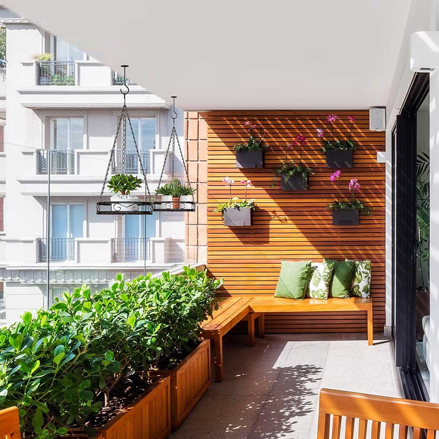 Bomclap Lot de 2 jardinières suspendues en métal, noires, pots de fleurs avec chaînes et crochets de plafond, usage intérieur et extérieur
