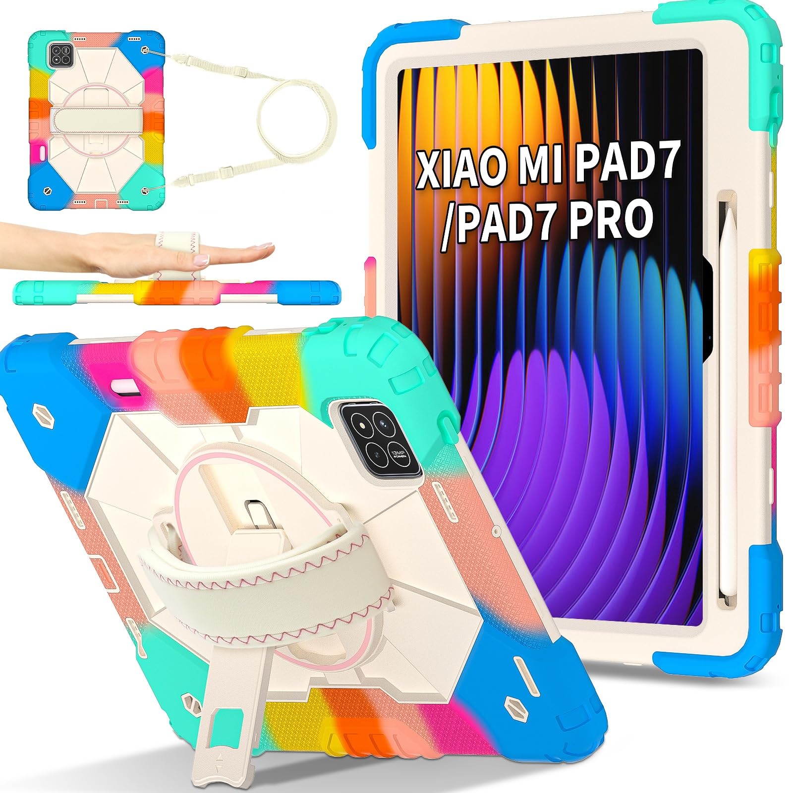 Kompatybilny z Xiaomi Pad7/Xiaomi Pad7 Pro 2024 Wstrząsoodporne etui dla dzieci, [podpórka] [pasek na ramię] Obrotowy o 360 stopni pasek rękę Uchwyt stojaka Wytrzymała, solidna obudowa(Colorful Blue)