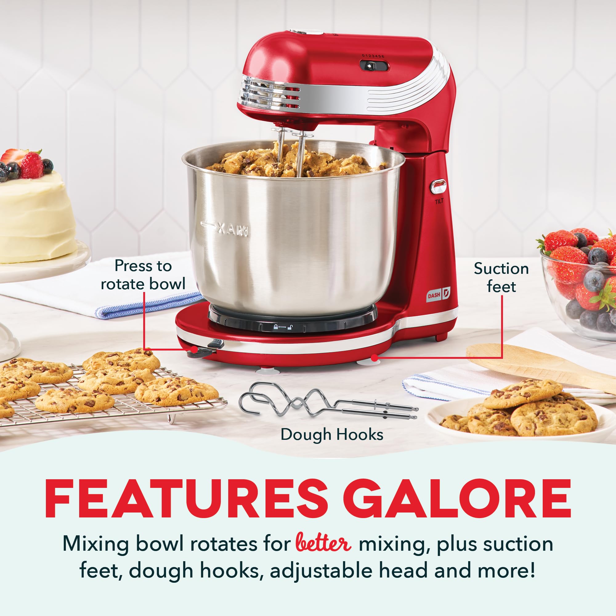 Dash Everyday Stand Mixer - Compact Tilt-Head Stand Mixer for Everyday Recipes - 6-Speed Power with Stainless Steel Bowl - Red, 3-Quart view 6