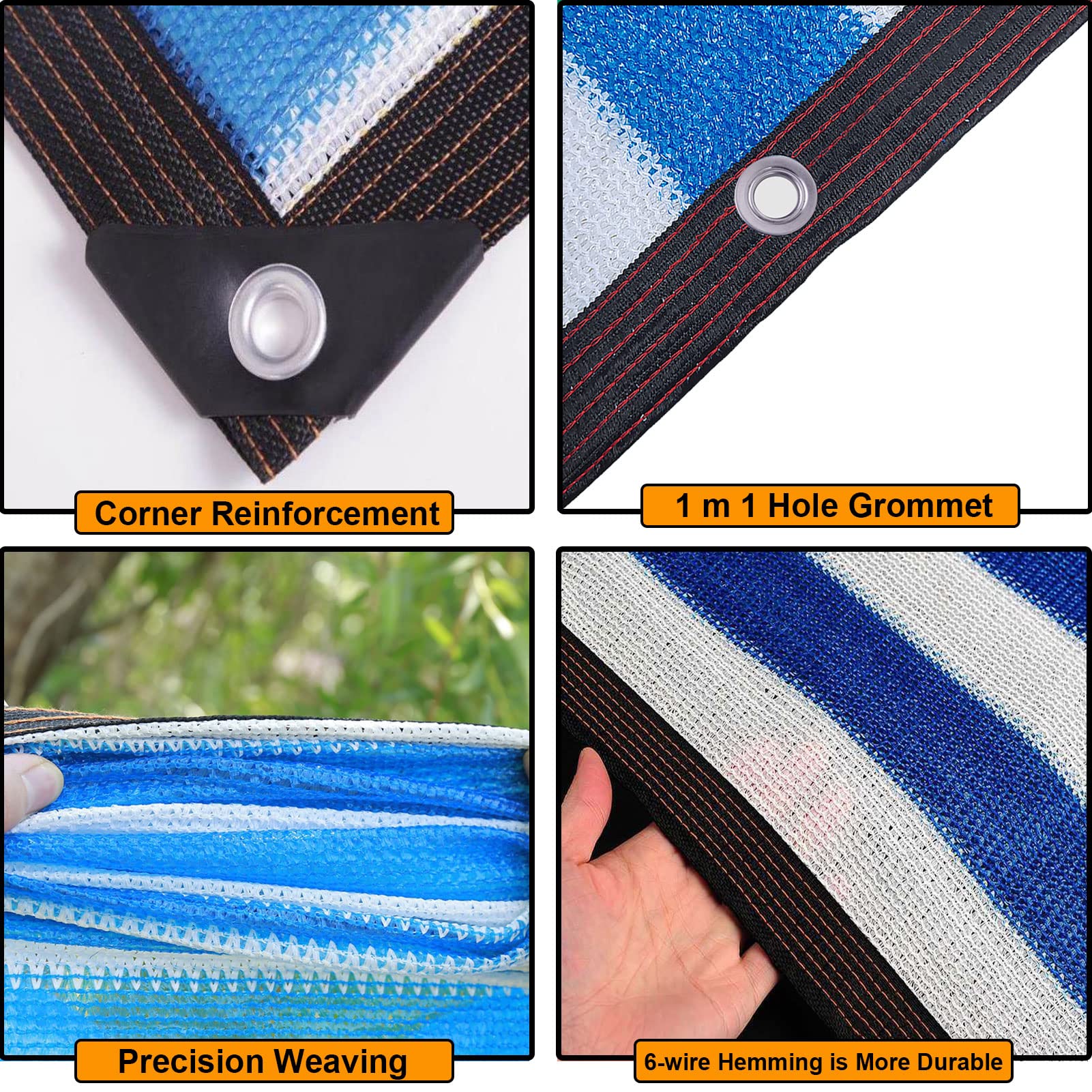 Filet de protection solaire anti-UV à 90 % - 4 x 6 m - Rayures bleues et blanches - Idéal pour les jardins, les serres, les plantes, les fruits, les poules - Couverture extérieure durable