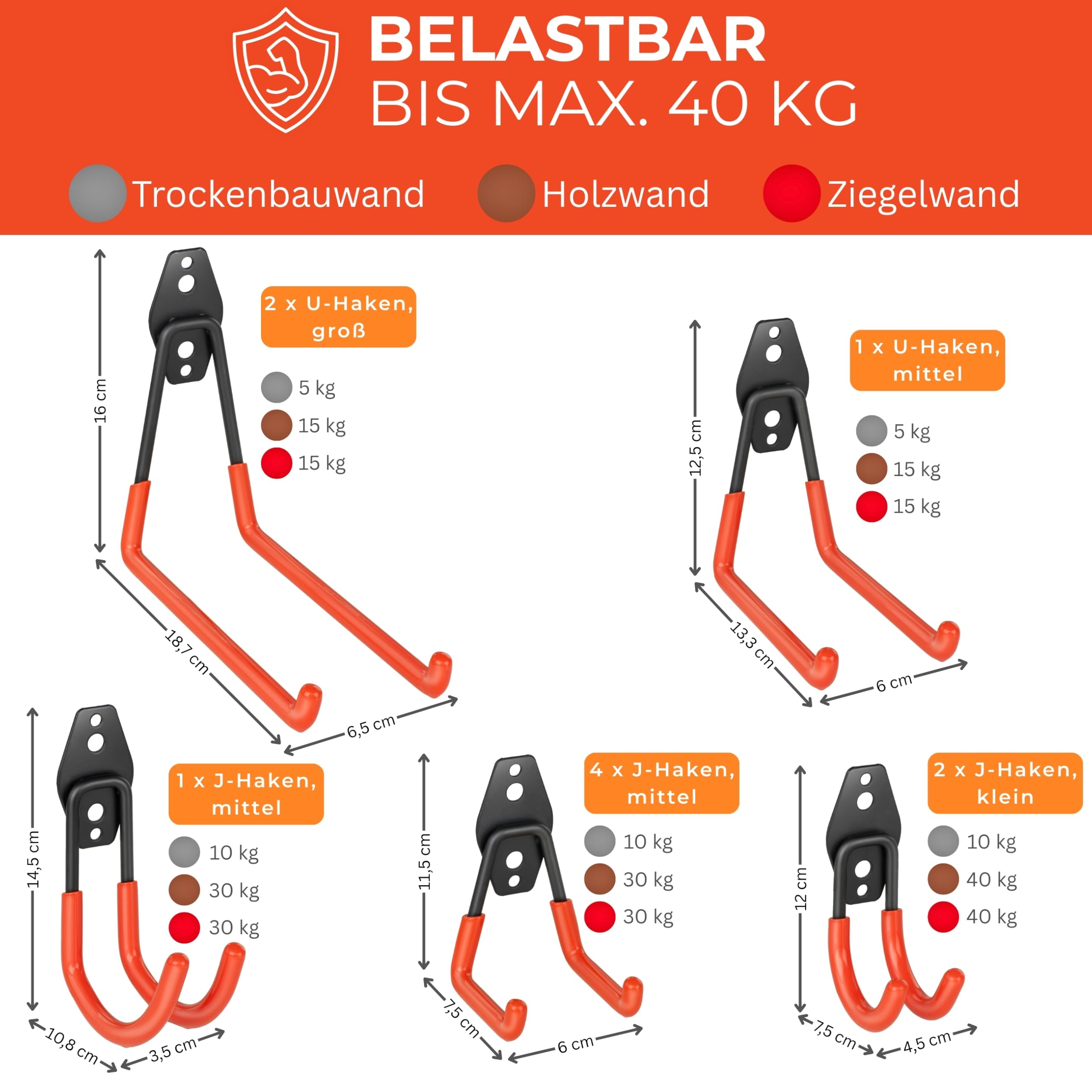bonsport 12er Set Wandhaken für Garage - Schwerlasthaken zum Schrauben - Garagenhaken belastbar bis max. 40 kg - Haken Wand Schwerlast Leiterhaken Gerätehaken Gartengerätehalter