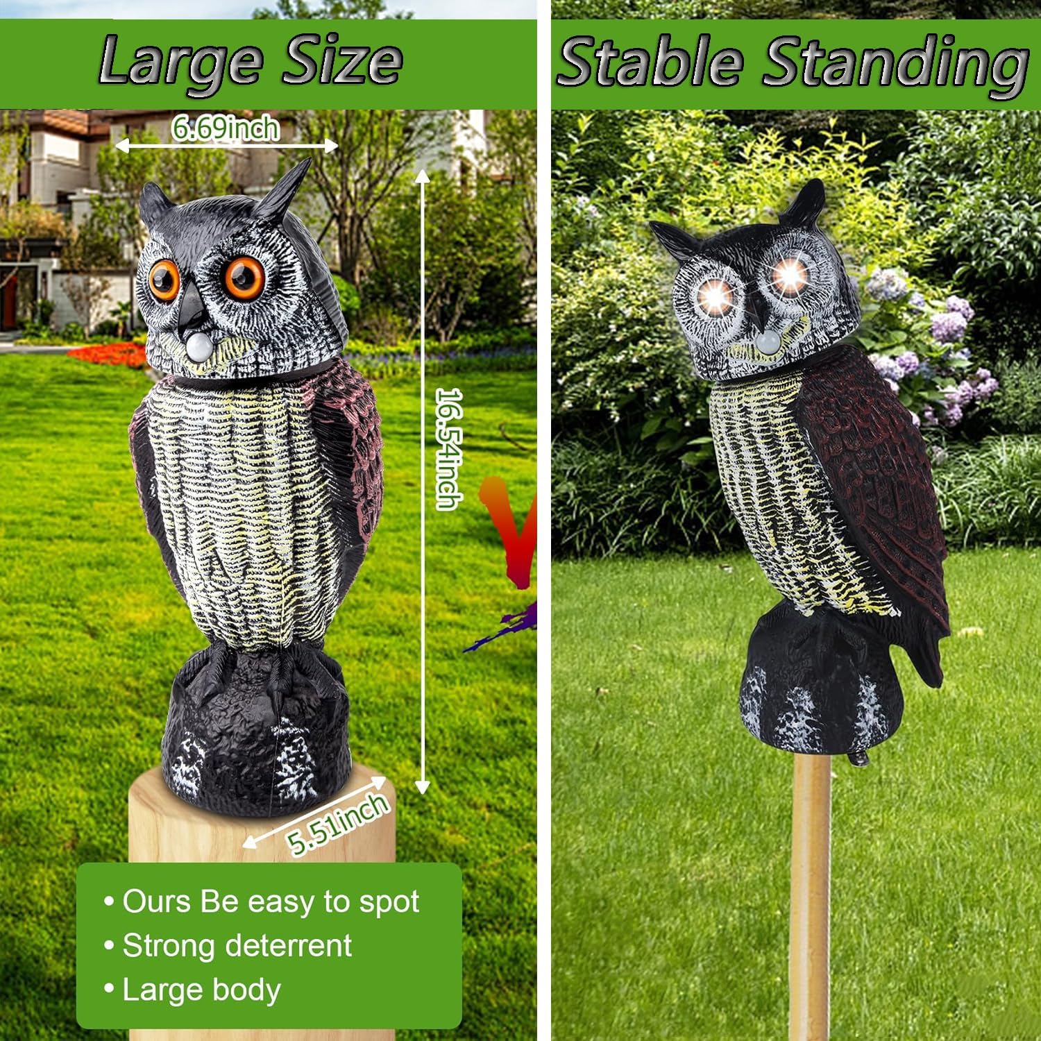 Buho Ahuyentador Solar, Búho Espantapajaros con Sonido y Movimiento, Buho Espanta Palomas Giratorio Señuelo, Figura Decoracion para Terraza Exterior Jardín Balcón