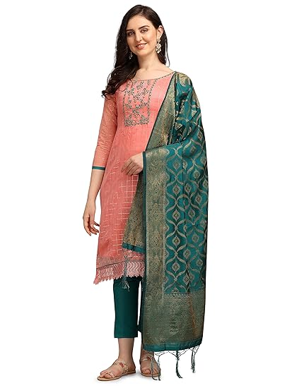 Women's Chanderi Cotton Hand Embroidered Work Unstitched Salwar Suit Material With Banarasi Dupatta