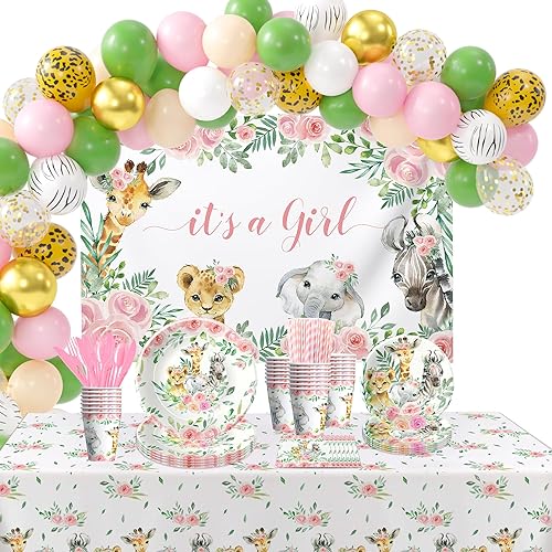HIPVVILD Decoraciones temáticas de selva para baby shower, suministros de fiesta de bebé de safari, plato, taza, servilleta, arco de globos, telón