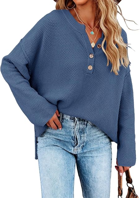 Saodimallsu Damski sweter oversize Batwing z długim rękawem luźny dekolt w serek guziki Henley topy sweter dzianinowe swetry