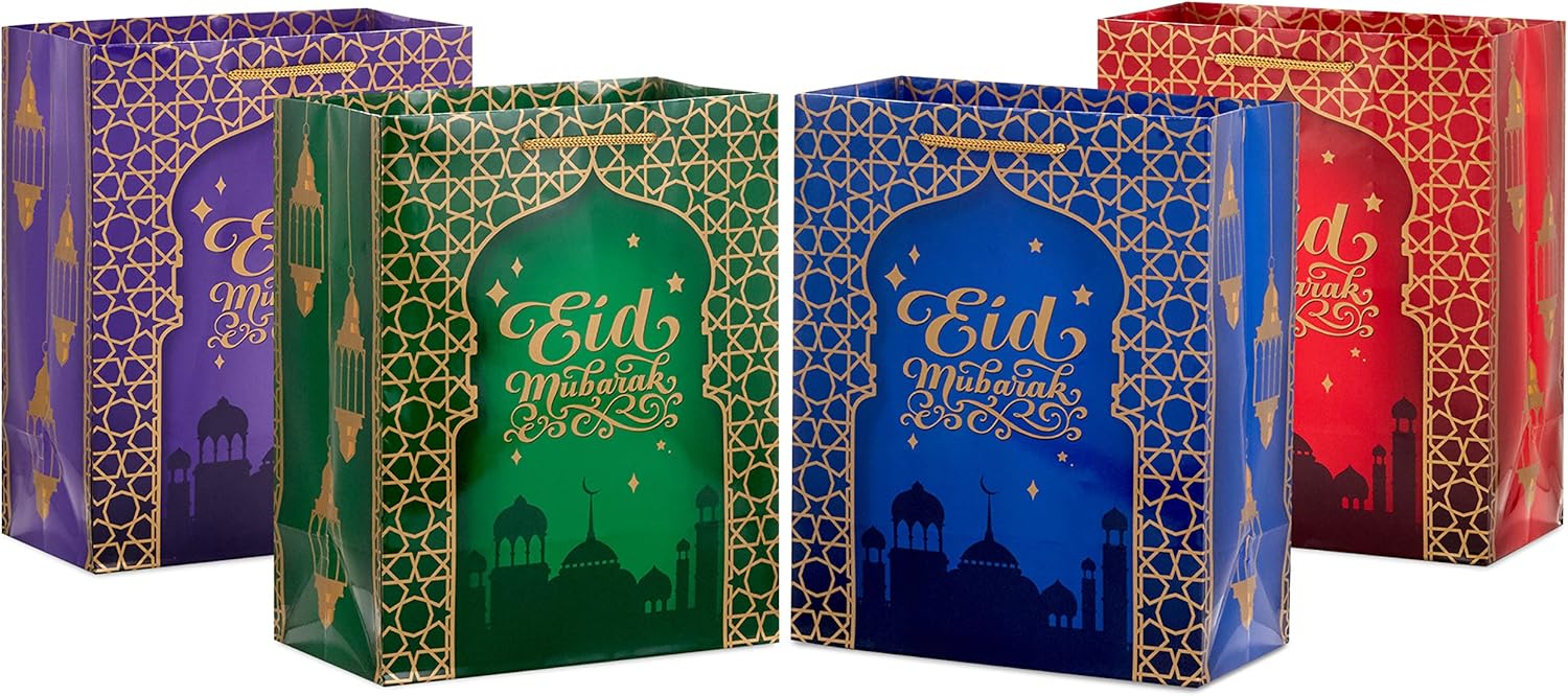 Hallmark 9" Medium Eid Gift Bag Bundle (4 Bags: Eid Mubarak with Stars and Skyline) in Red, Blue, Green, Purple
