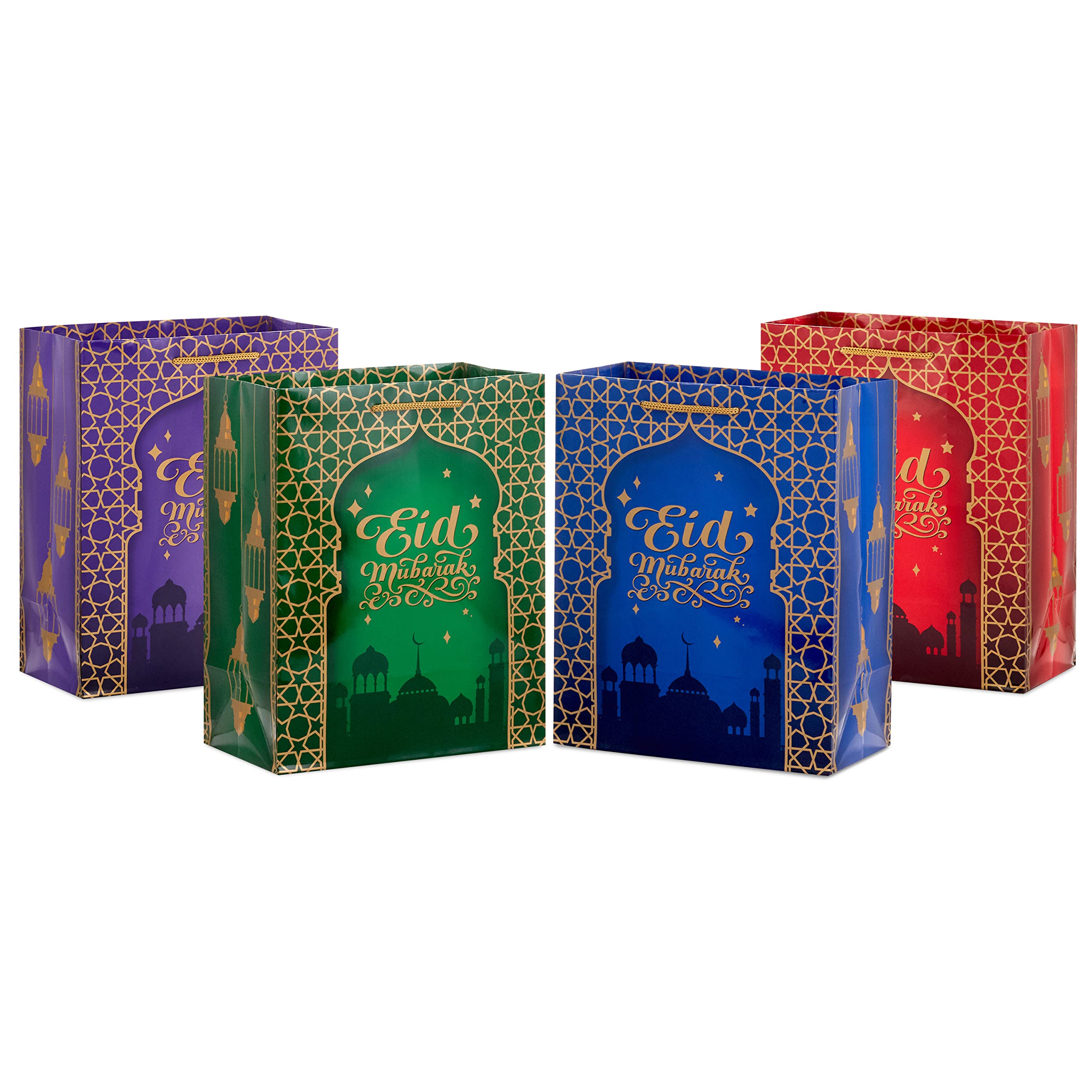 9" Medium Eid Gift Bag Bundle (4 Bags: "Eid Mubarak" with Stars and Skyline) in Red, Blue, Green, Purple