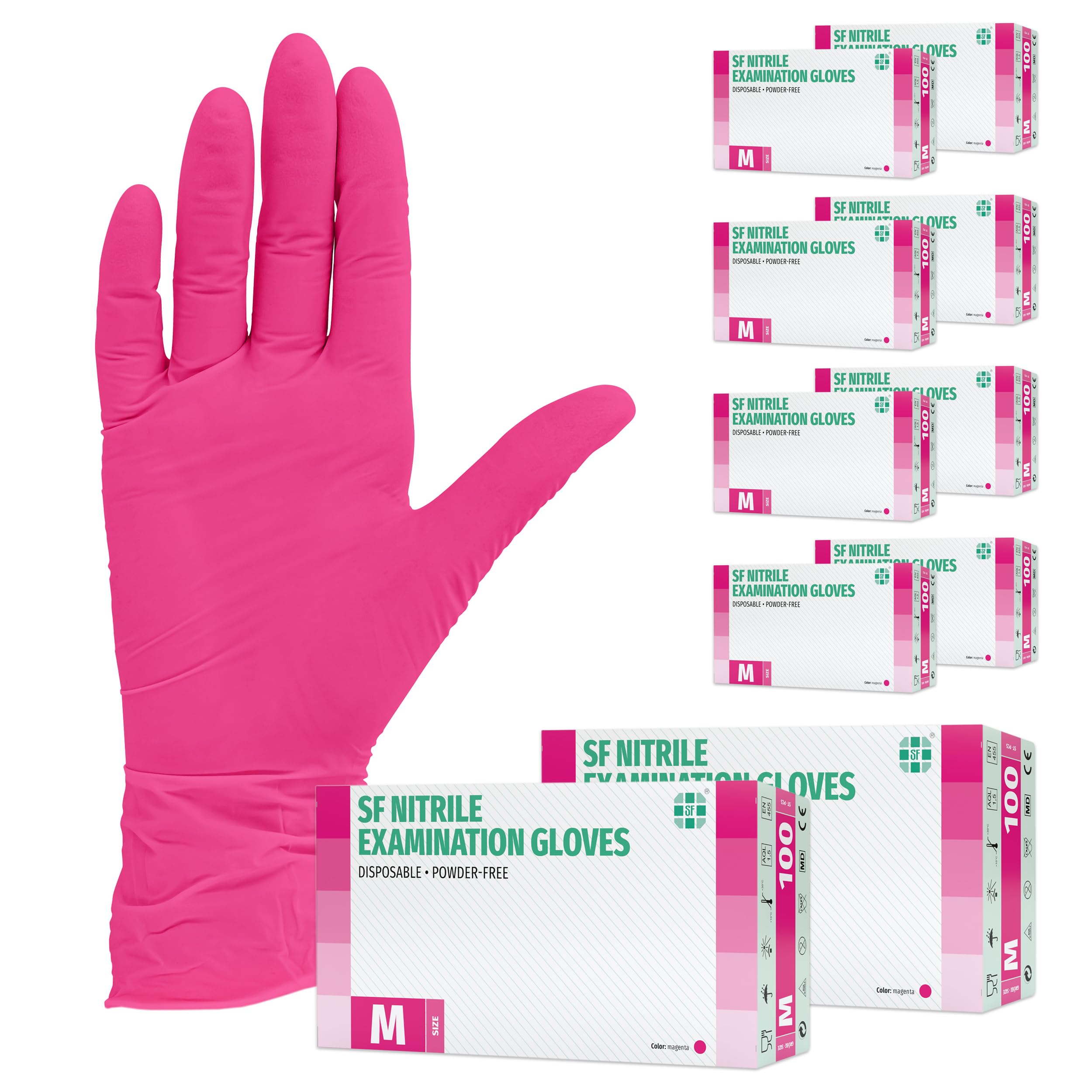 SF Gants nitrile magenta M – 1000 (10x100) gants jetables, non poudrés, sans latex, résistants, pour la cuisine, l’usage médical, le ménage, la mécanique, le tatouage, la coiffure, l’usage alimentaire