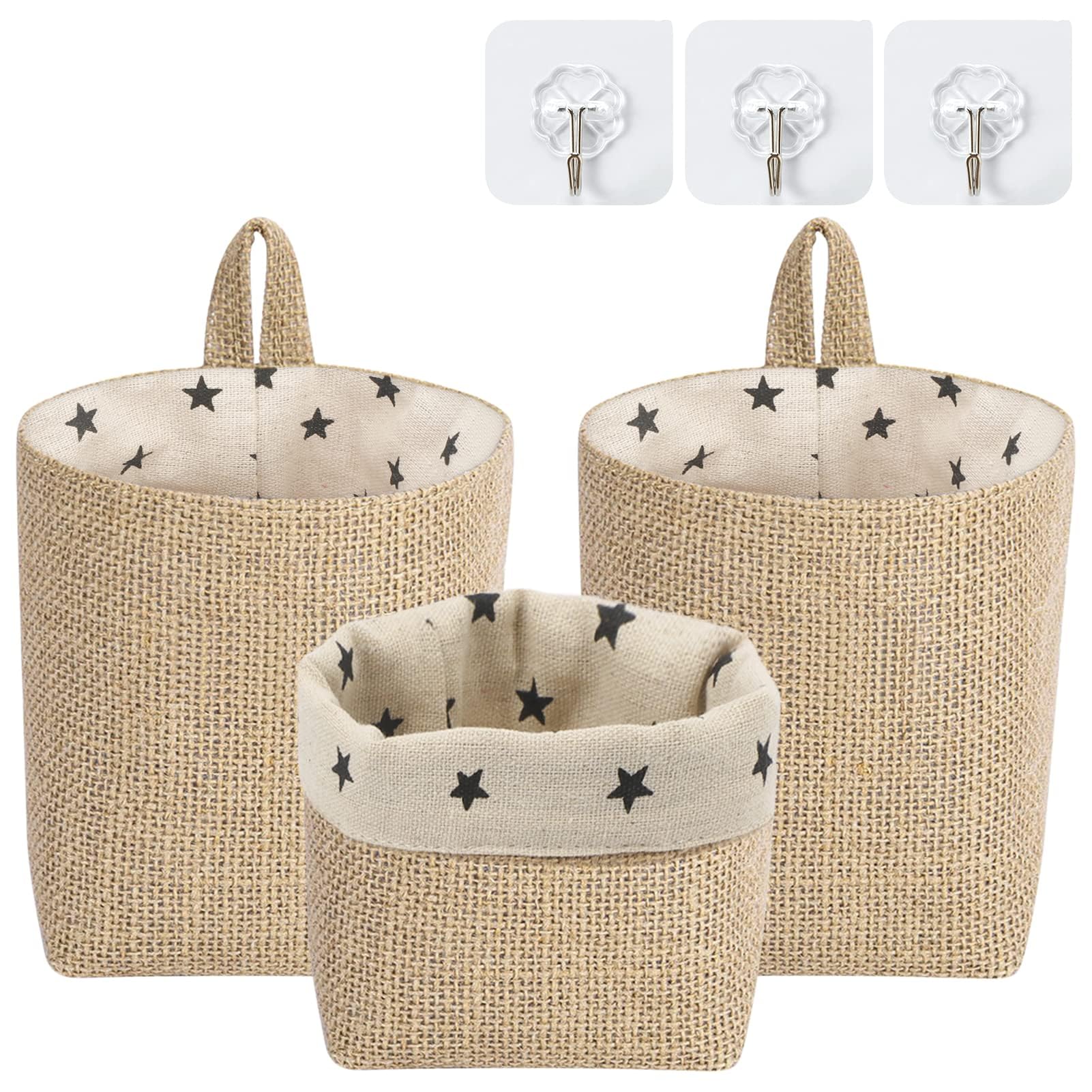 KASTWAVE Small Hanging Storage Bags with Hooks, 3 Packs Small Wall Basket Cotton Linen Hanging Basket Organizer for Wall, Over The Door Organizer, Small Hanging Pouch for Bedroom, Office