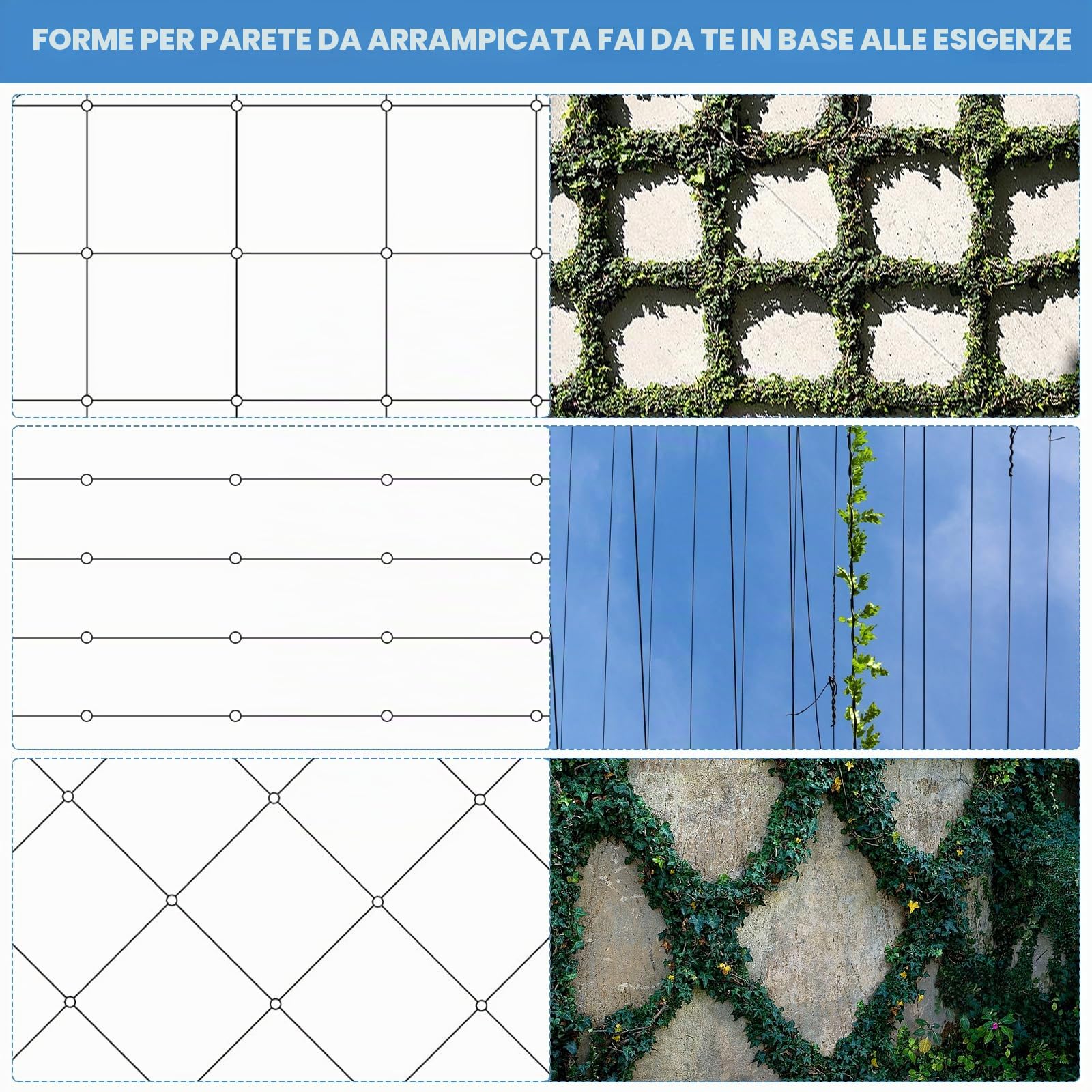 Supporto per Piante Rampicanti, Traliccio in Filo Giardino in Acciaio Inox per, Pianta Rampicante Telaio Supporto Rete Piante Rampicanti con 8 Supporti a Parete e 3mm Corda in Acciaio da 12m