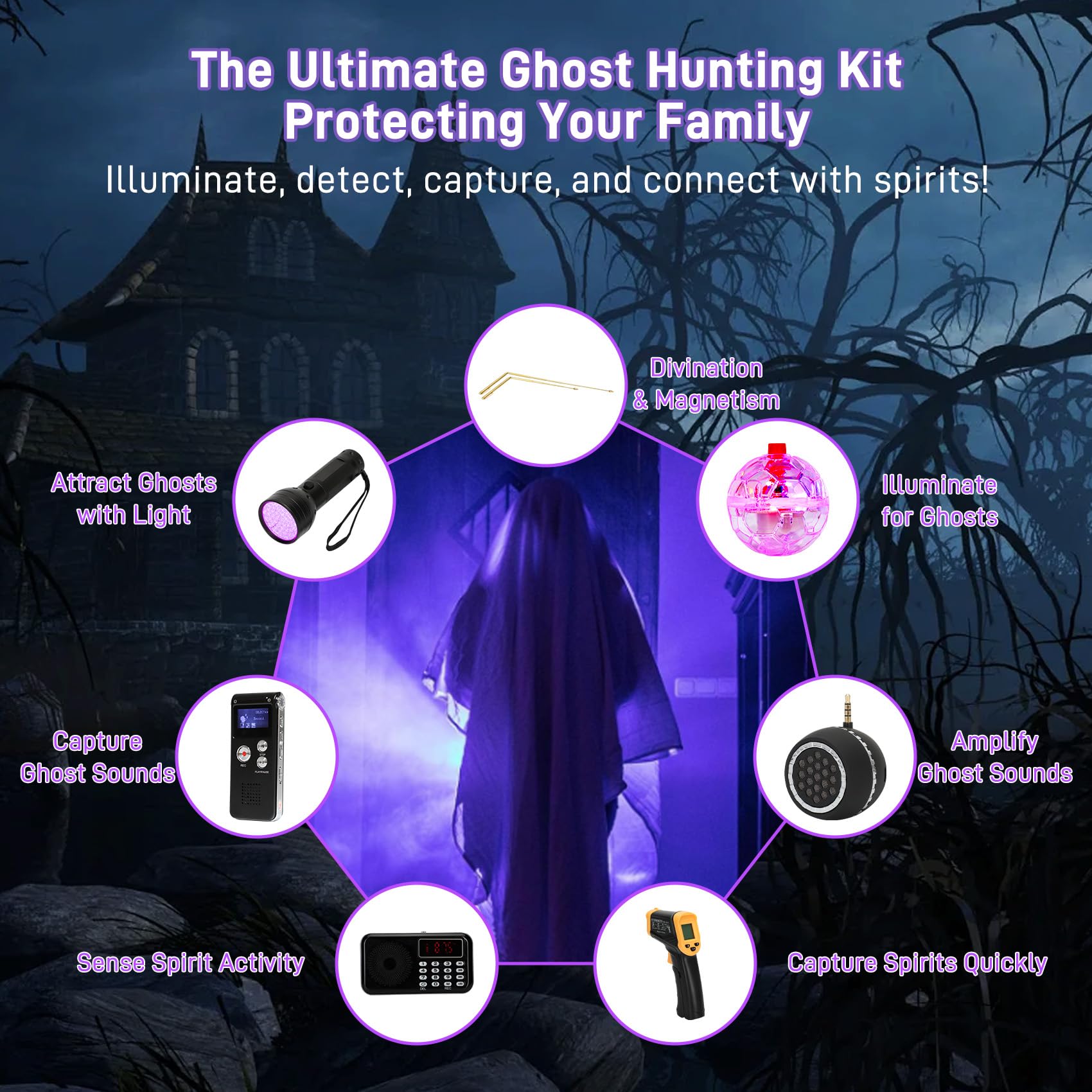 Kit da caccia fantasma da 11 pezzi con 1 misuratore EMF, 1 registratore EVP, 1 Spirit Box, 1 altoparlante, 1 termometro a infrarossi, 1 luce UV, 2 aste di rilevamento in ottone, 2 palline LED per