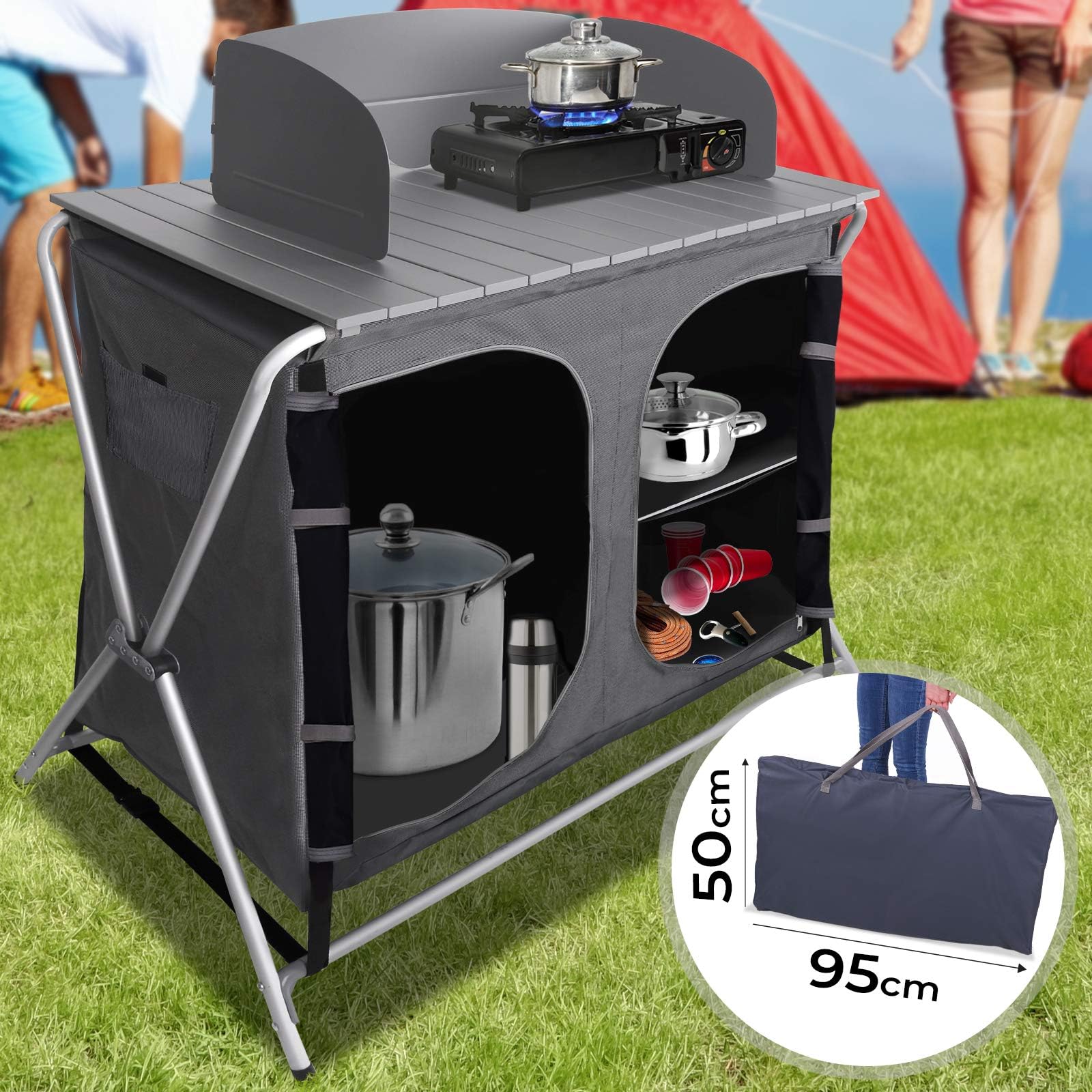 MIADOMODO Outdoor Kitchen - With windshield, 3 storage compartments, Storage bag included, Black-Silver - Camping Field Kitchen Worktop Table Stand