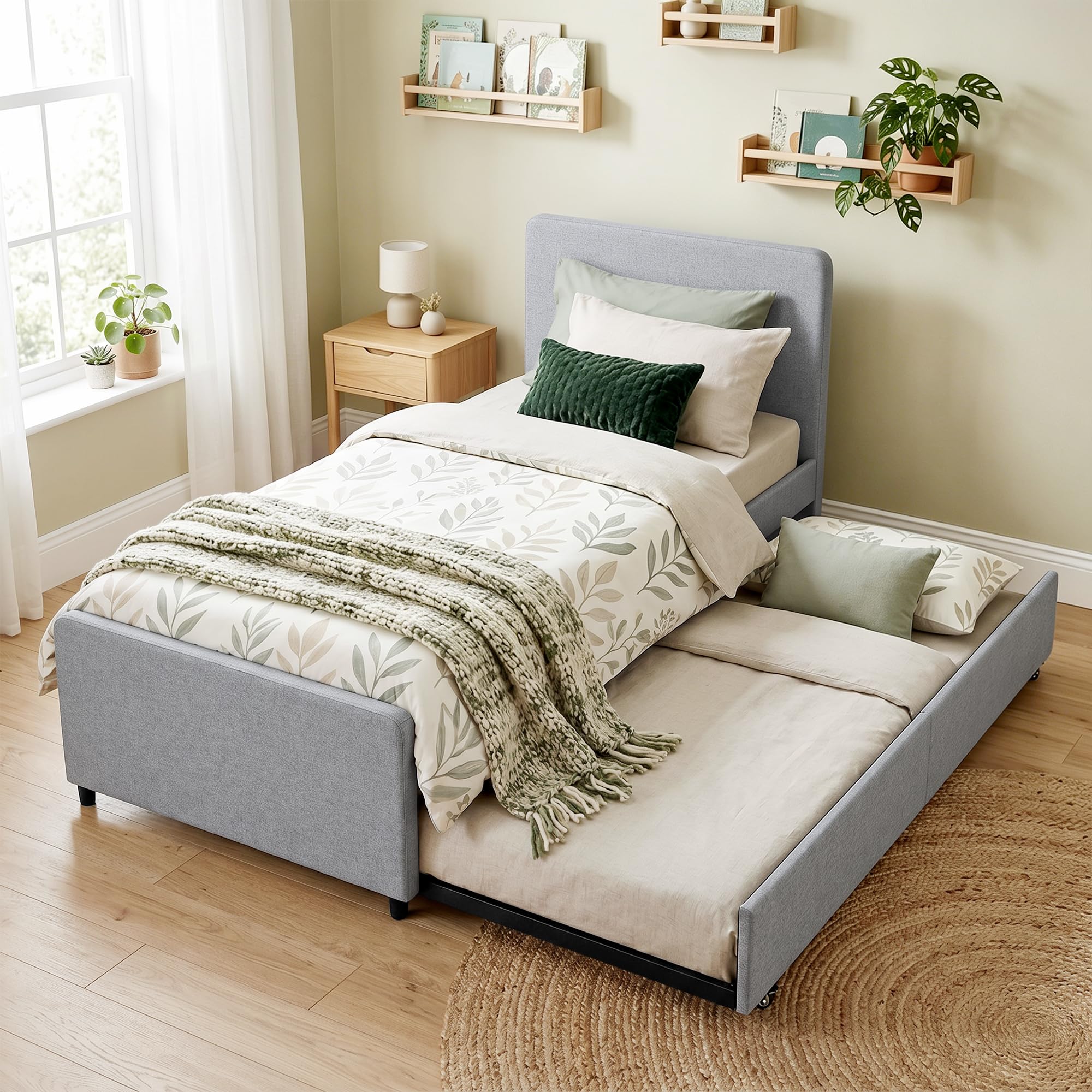 HOMCOM Cama Nido Individual 90x190 cm con Cabecero y Piecero Gris Claro | Estructura de Cama Tapizada en Lino, Listones de Madera, Sin Colchón