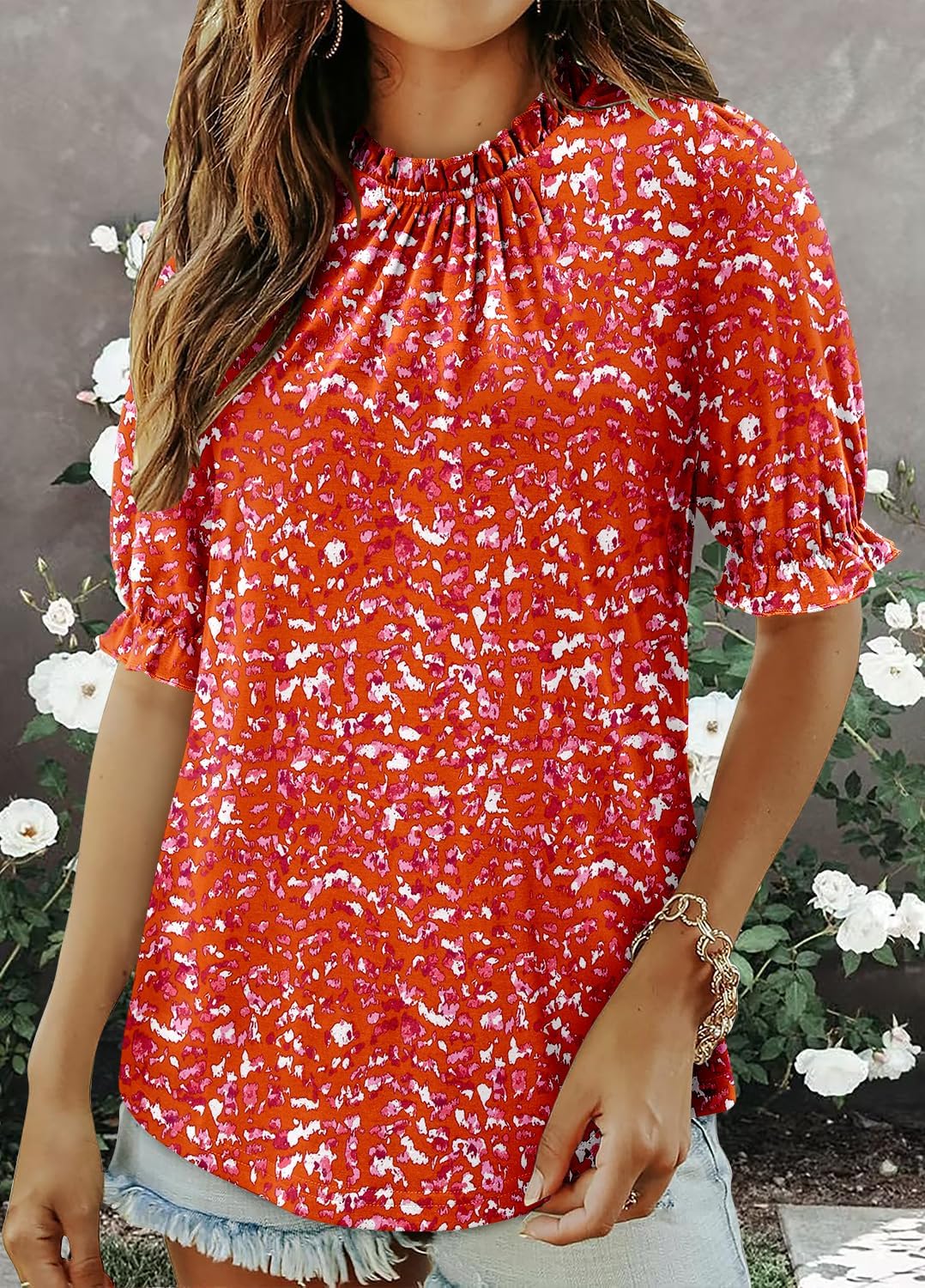 CHICZONE Women's Mock Neck Casual Summer Tops Ruffle Short Sleeve Keyhole Back Boho Blouses - Image 3