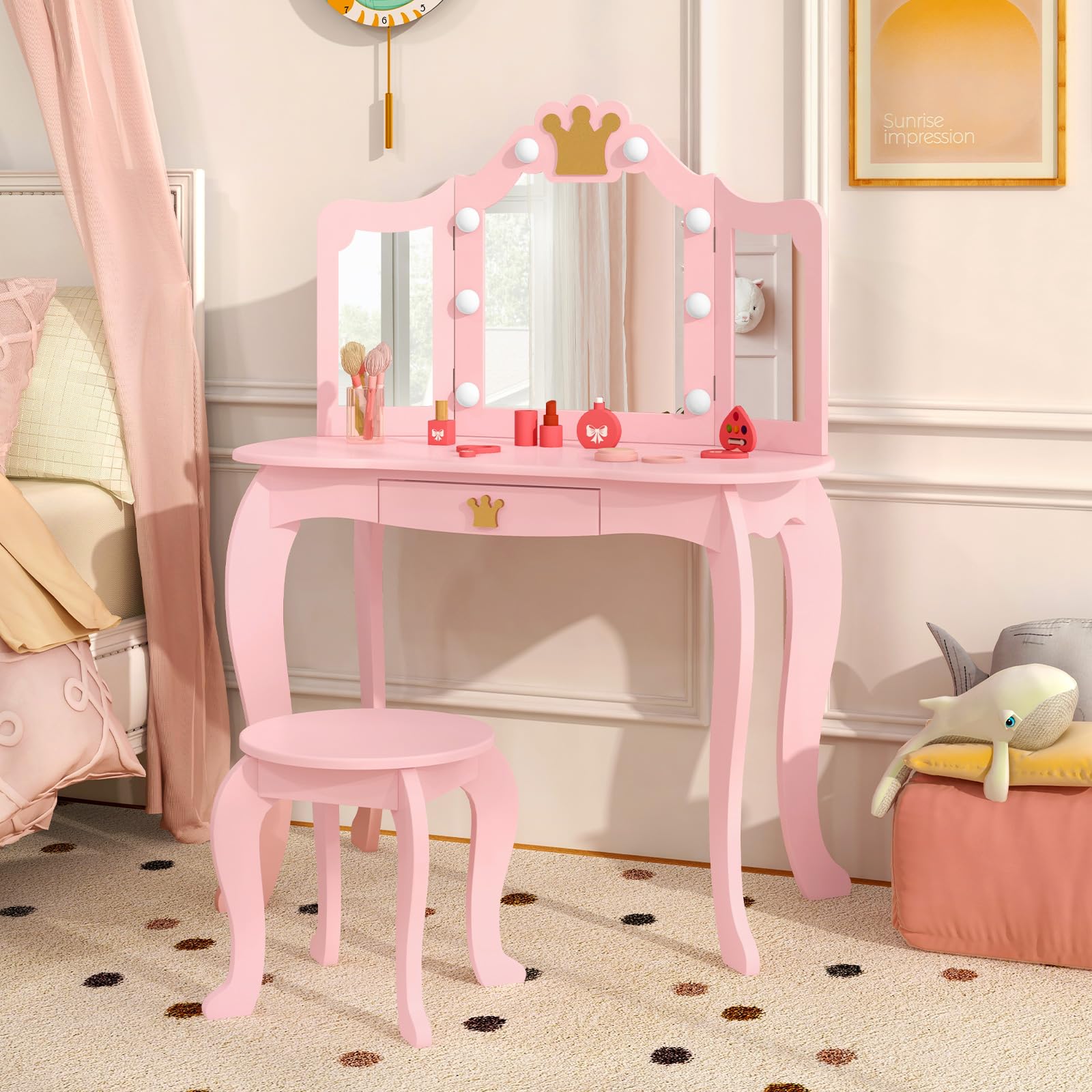 DREAMADE Schminktisch Kinder mit Hocker & Schublade, Prinzessin Frisiertisch Kosmetiktisch mit abnehmbarem Spiegel & Kippsicherung, Kinderschminktisch für Mädchen aus Holz (Rosa-mit Beleuchtung)