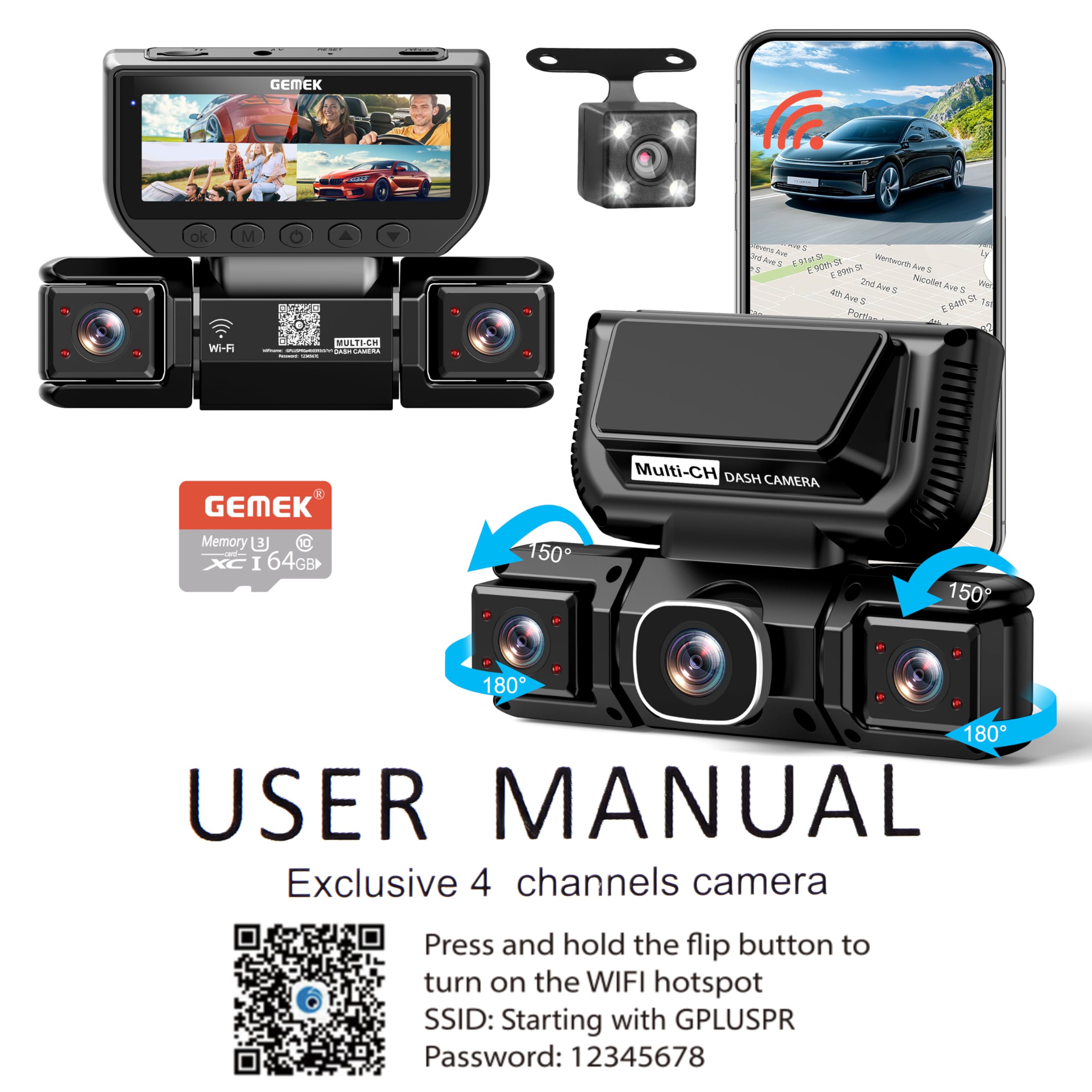 Videocamera da cruscotto a 360 gradi a 4 canali con WiFi 5G e controllo tramite app, GEMEK 2K anteriore e posteriore, videocamera da cruscotto sinistra e destra per auto, scheda TF da 64 GB in omaggio