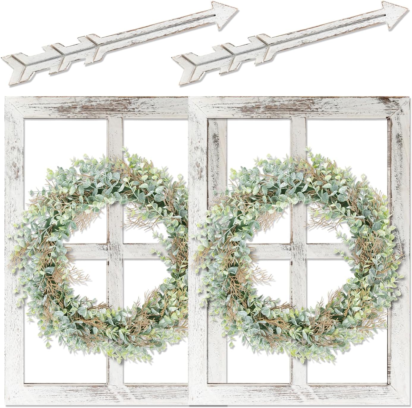 Rustic Wood Window Frame with Green Wreath and Arrows Wall Decor，Farmhouse Window Frame Hanging Decor,Wooden Fake Decoration,Window Pane Wall Decor,Set of 2 (Brown)