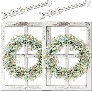 WAKOSAN Rustic Wood Window Frame with Green Wreath and Arrows Wall Decor, Farmhouse Wooden Fake Window Decoration for Bedroom Living Room,Set of 2 (Large White)