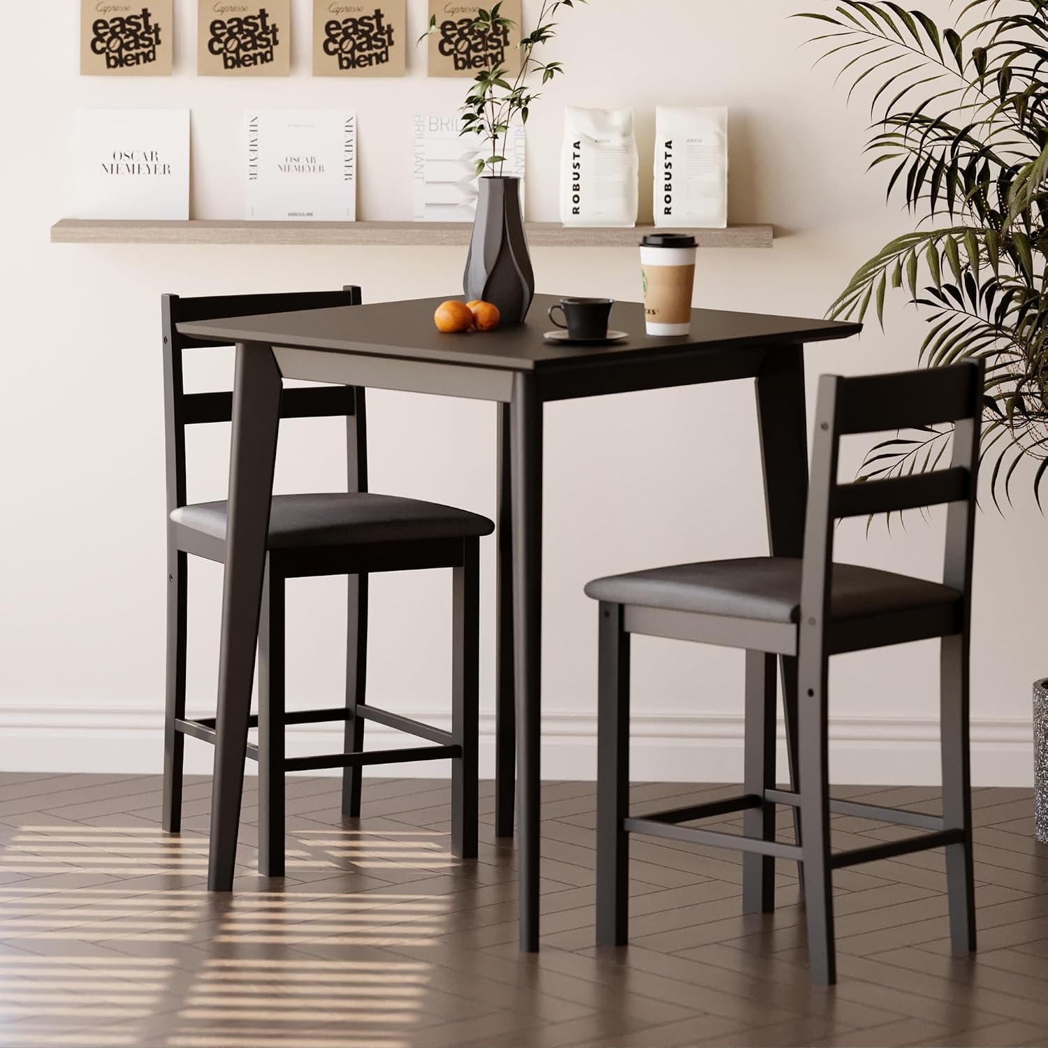 27.5 inch Bar Table, Solid Wood Counter Height Table, Square High Top Table for Dining Room, Living Room, Black