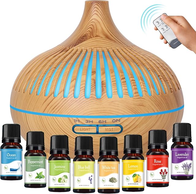 GeeRic 500ml Essential Oil Diffusers with 8Pcs*10ml Essential Oil Set, Aromatherapy Diffuser Ultrasonic Aroma Humidifier with Cool Mist Waterless Auto-Shutoff 7 Colours LED Light Wood Grain