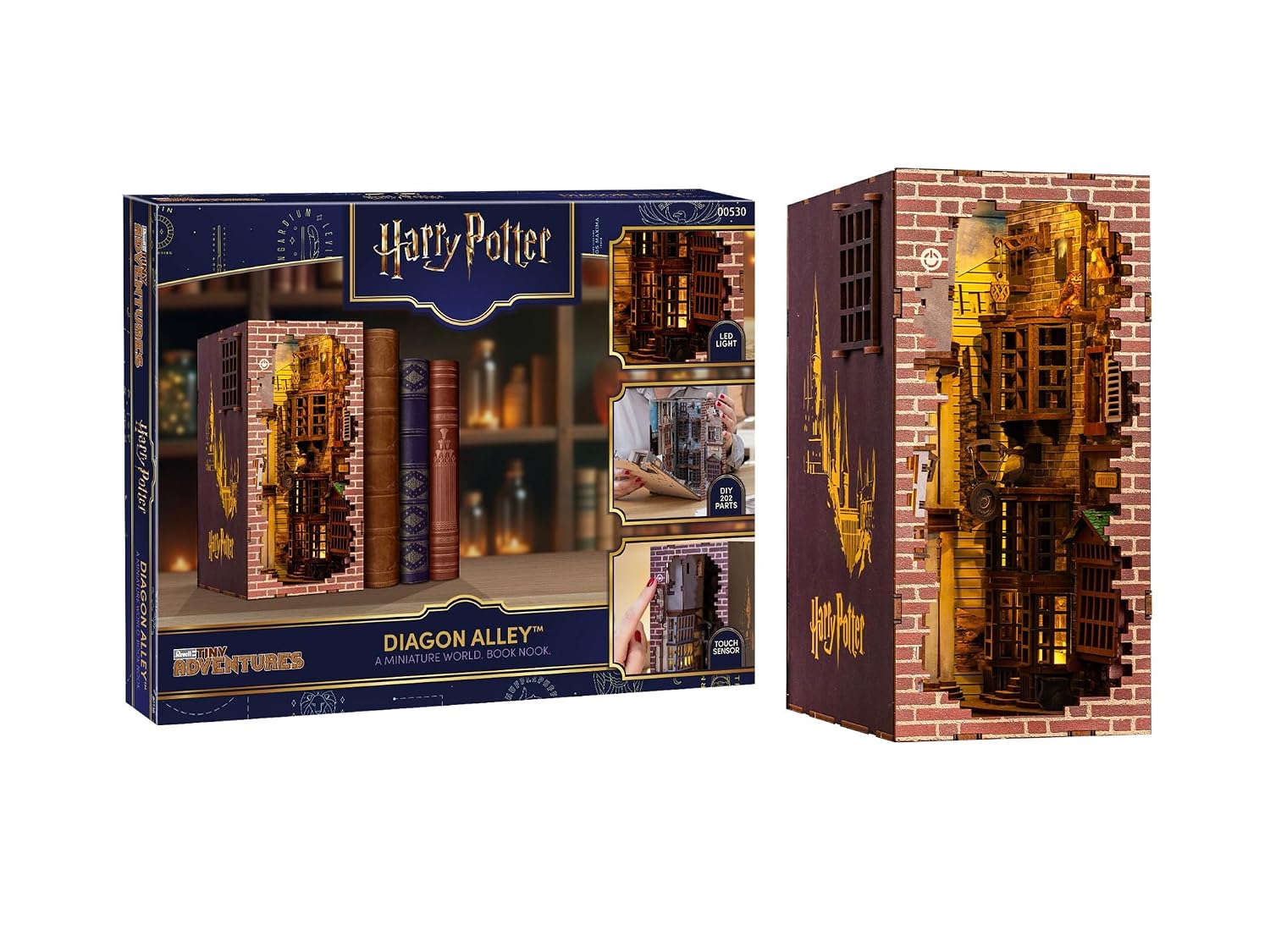 Revell Zestaw modelarski Tiny Adventures I Diagon Alley Harry Potter I miniaturowy domek 3D I Book Nook drewniana podpórka do książki I prezent urodzinowy dla fanów I podpórka do książki Harry Potter