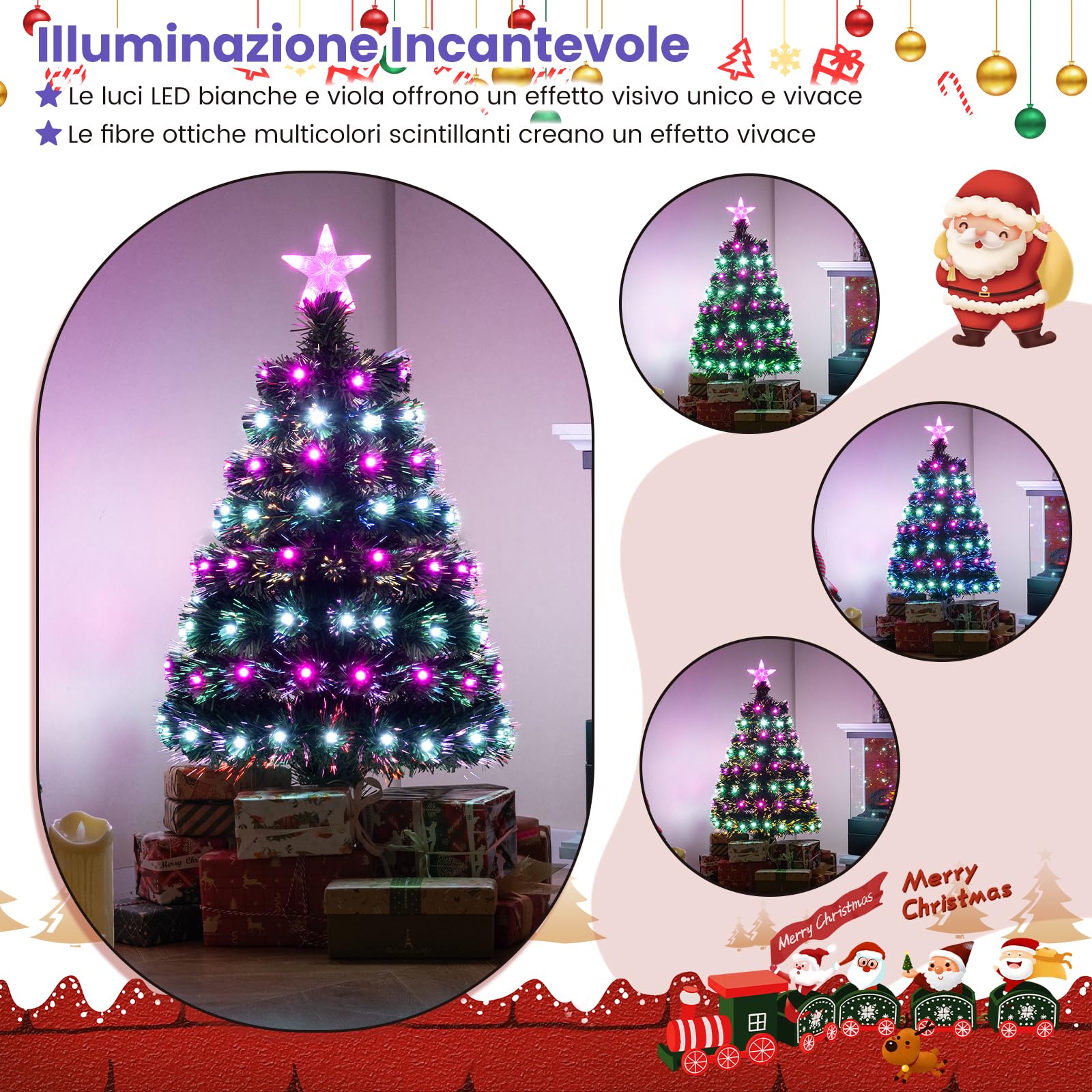Albero di Natale Artificiale Illuminato da 93 cm, Albero di Natale con Fibre Ottiche Multicolore, 96 Luci LED Viola e Bianche, 8 Modalità, 96 Punte di Rami in PVC, Stella sulla Cima, Base Metallica