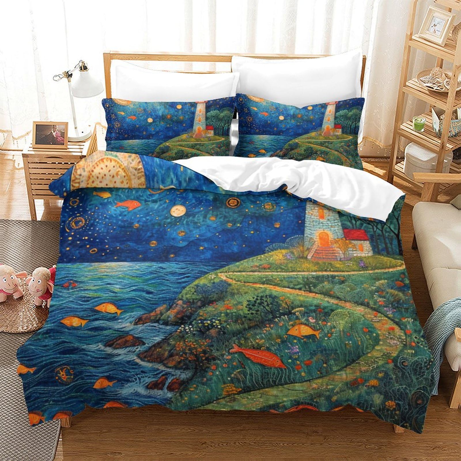Housse de couette 220x240 phare de la côte parure lit 3 pièces microfibre