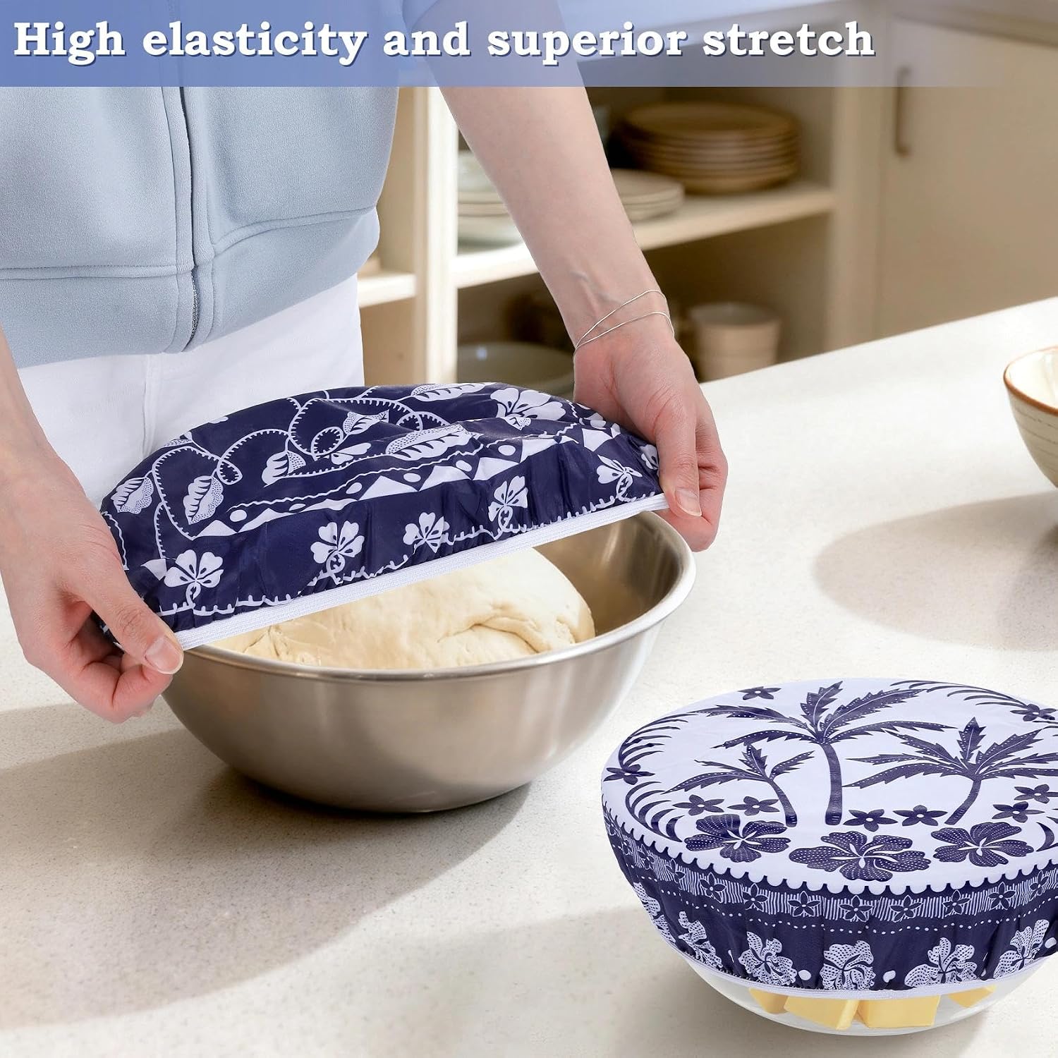 2 Large Reusable Beeswax Bowl Covers for Bread Proofing, 10/12 Inch Elastic Beeswax Wraps Cotton Cloth Sourdough Bowl Covers for Proofing Baskets, Mixer Bowls, Food Storage Containers