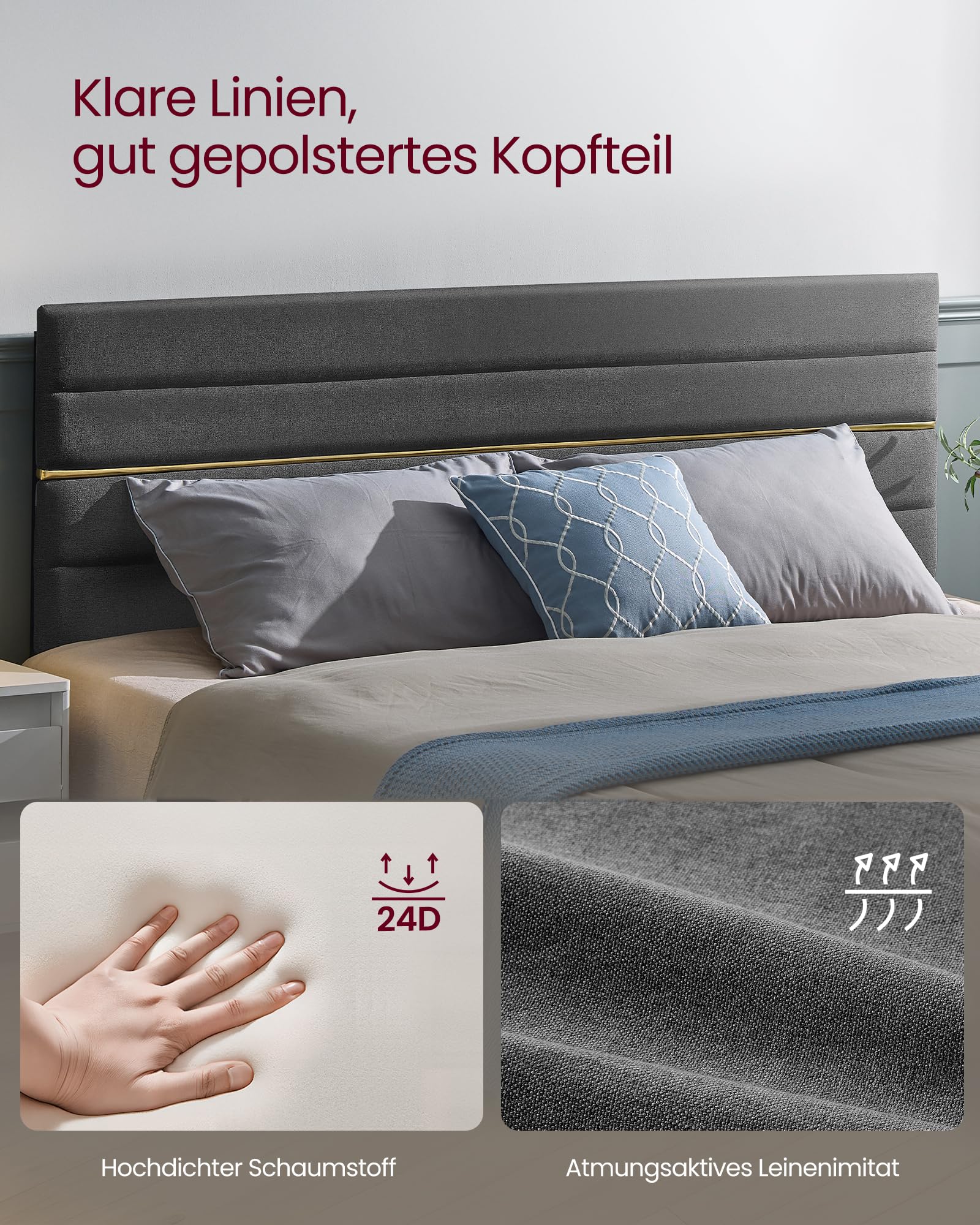 VASAGLE Polsterbett, Bettgestell, Doppelbettgestell, passend für 180 x 200 cm Matratze, verstellbares gepolstertes Kopfteil, Bettrahmen, Metall, Massivholz, modern, schiefergrau RMB508G01