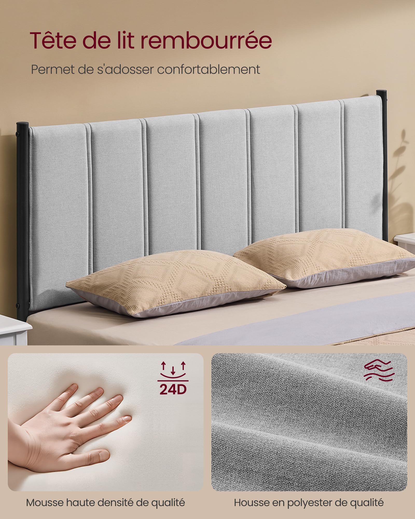 VASAGLE Cadre de Lit Double, 140 x 190 cm, avec Tête de Lit Rembourrée, en Acier, Supporte Jusqu'à 500 kg, Montage Facile, Gris Tourterelle RMB973G01
